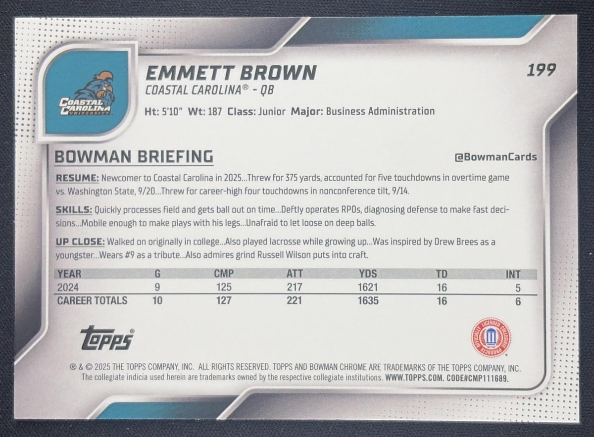 Emmett Brown 2025 Bowman Chrome University Prospects Yellow Mini-Diamond Refractor /350 Chanticleers