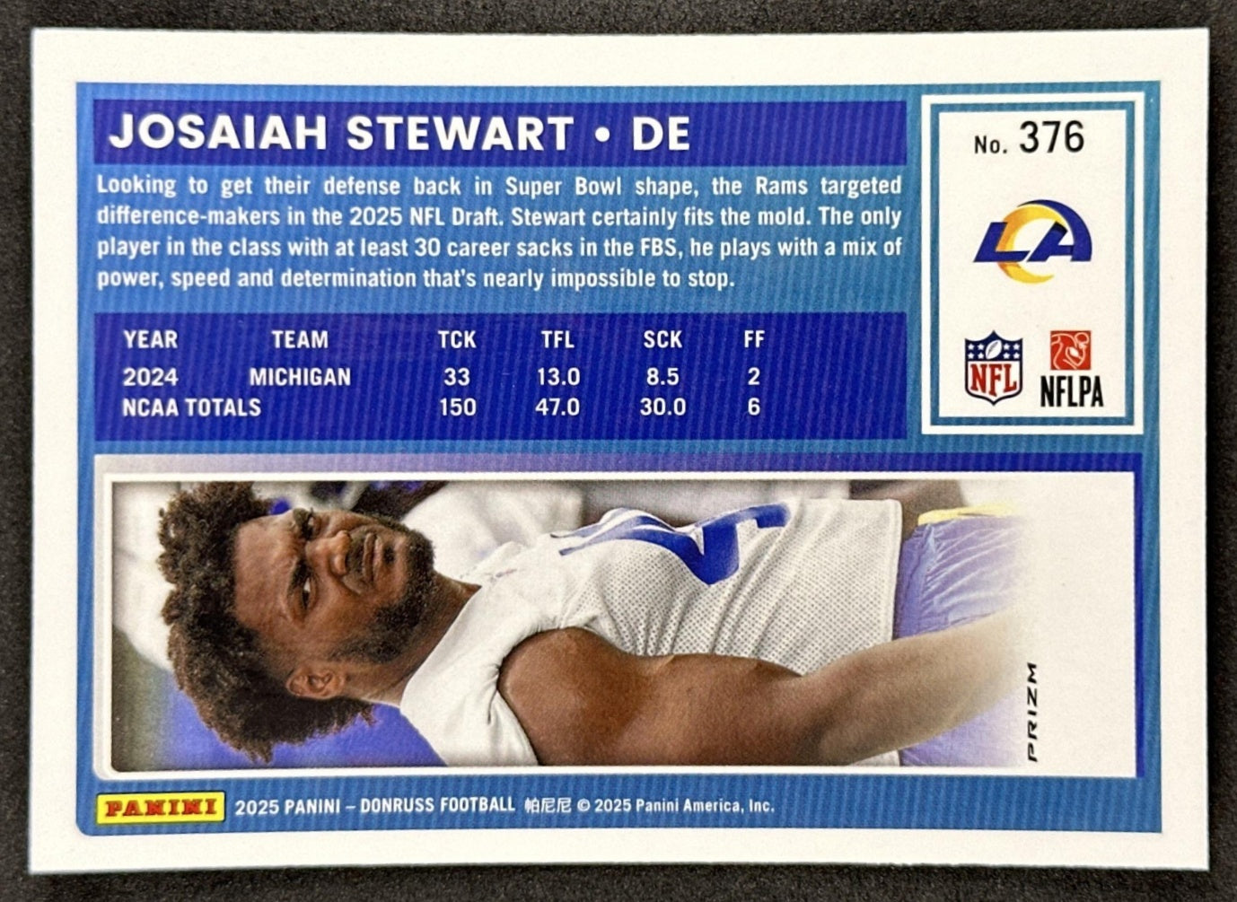 Josaiah Stewart 2025 Panini Donruss Optic Rated Rookie Preview Pink Rams back sports trading card