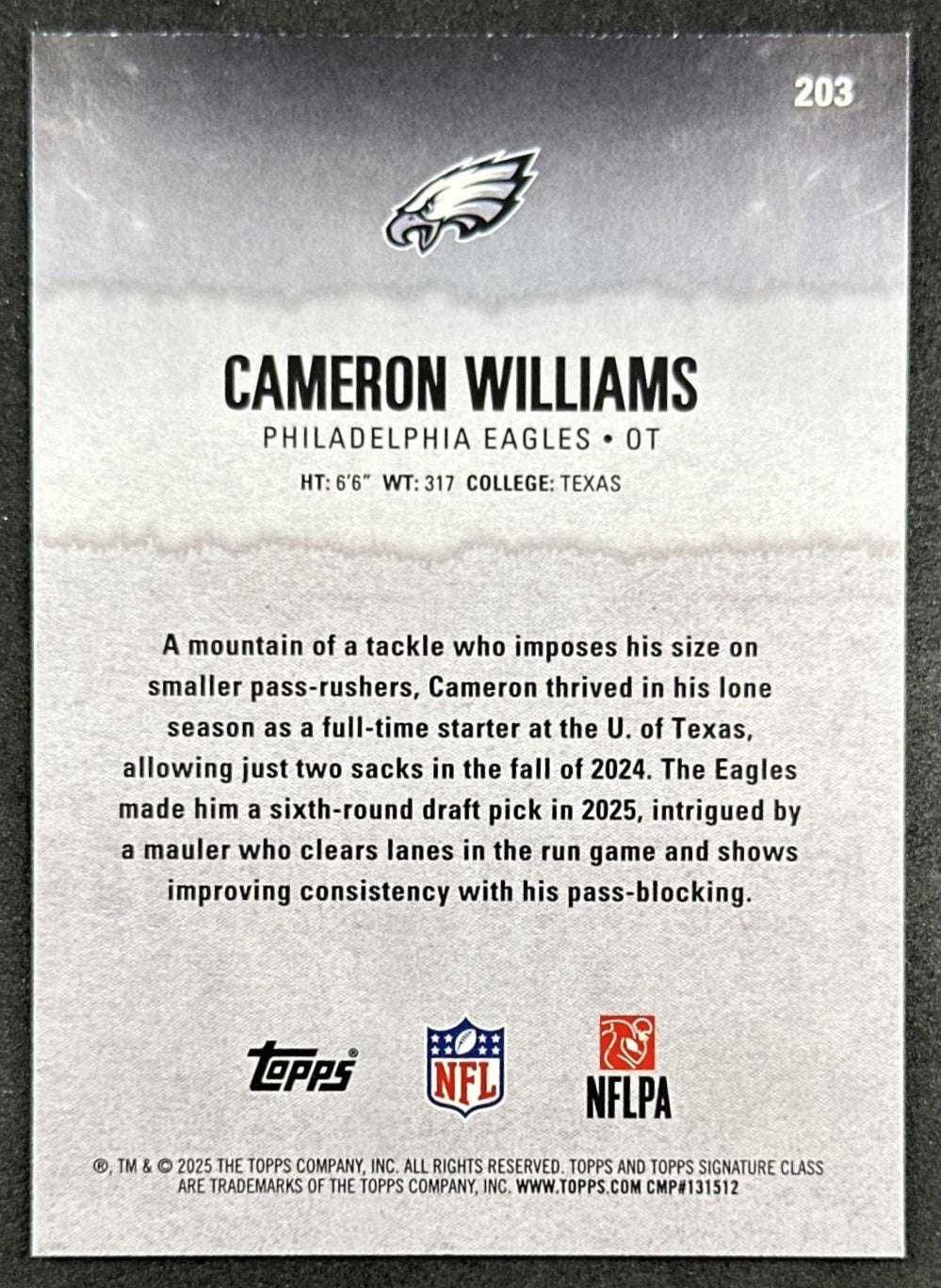 Cameron Williams 2025 Topps Signature Class Rookie Blue & Yellow Foil Eagles