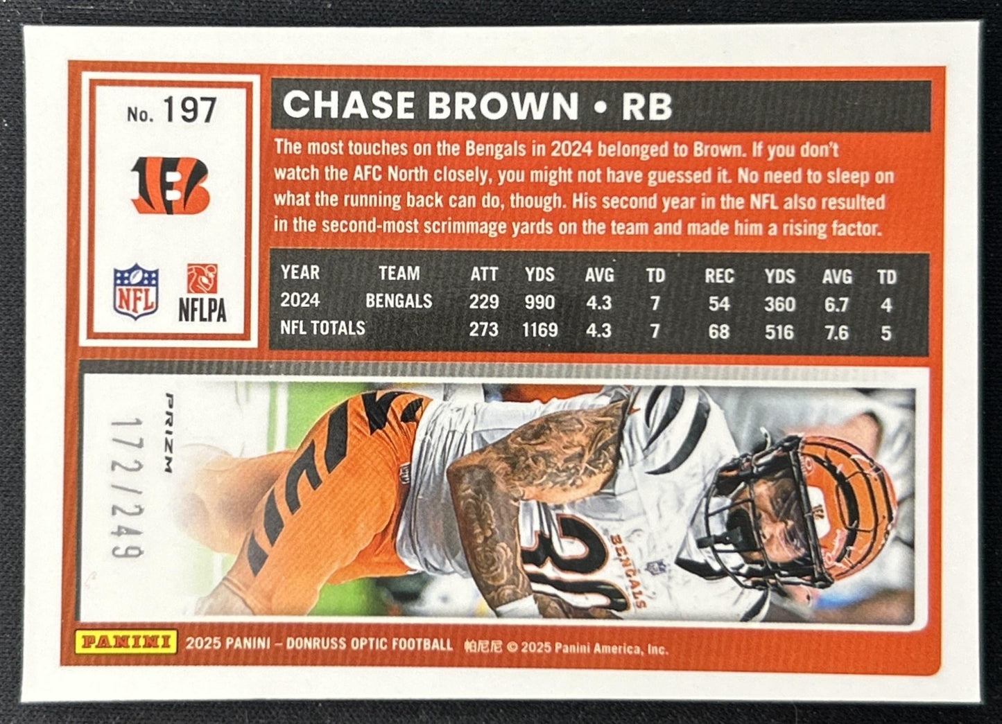 Chase Brown 2025 Panini Donruss Optic Blue Prizm /249 Bengals back