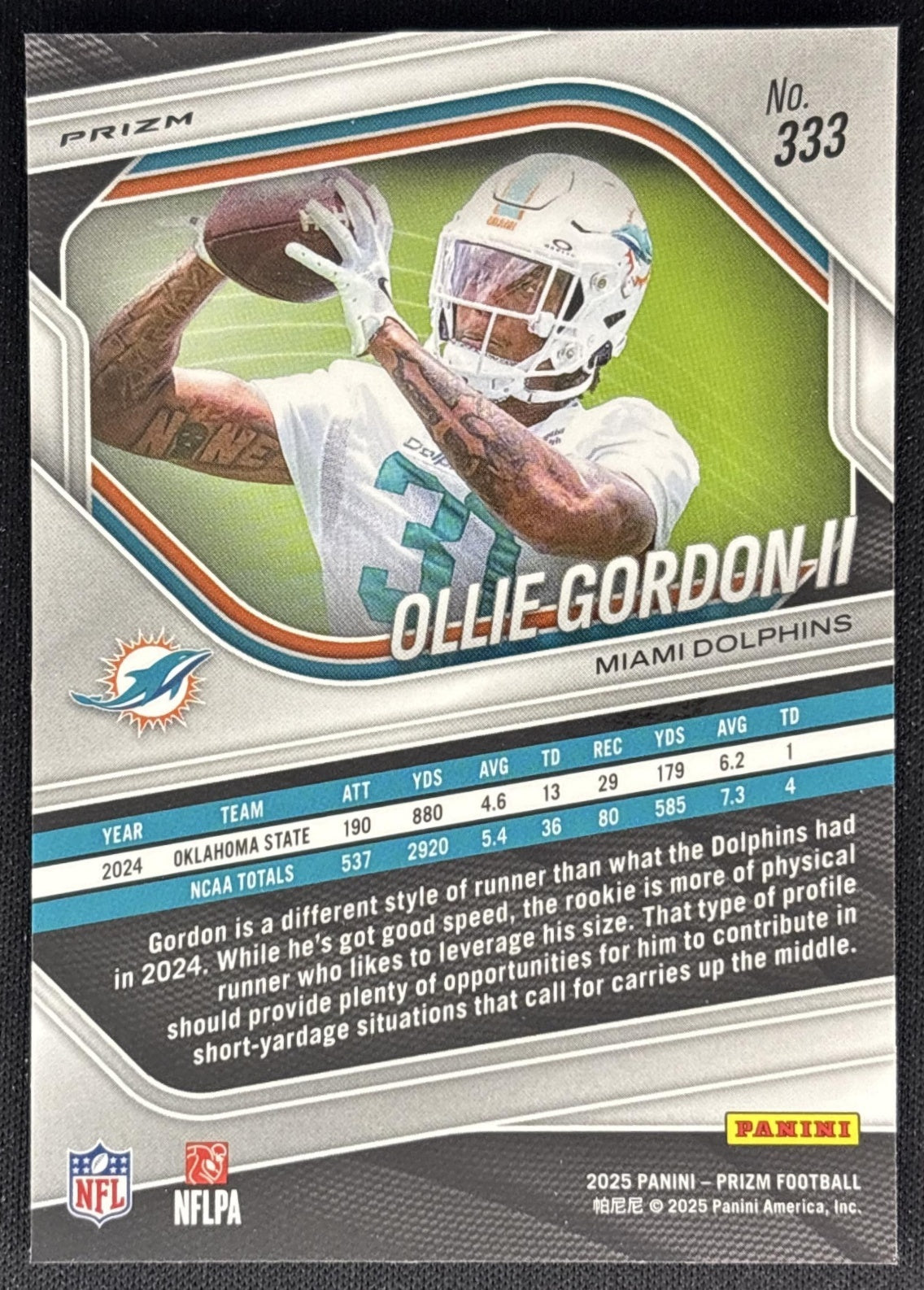 Ollie Gordon II 2025 Panini Prizm Silver Dolphins Back