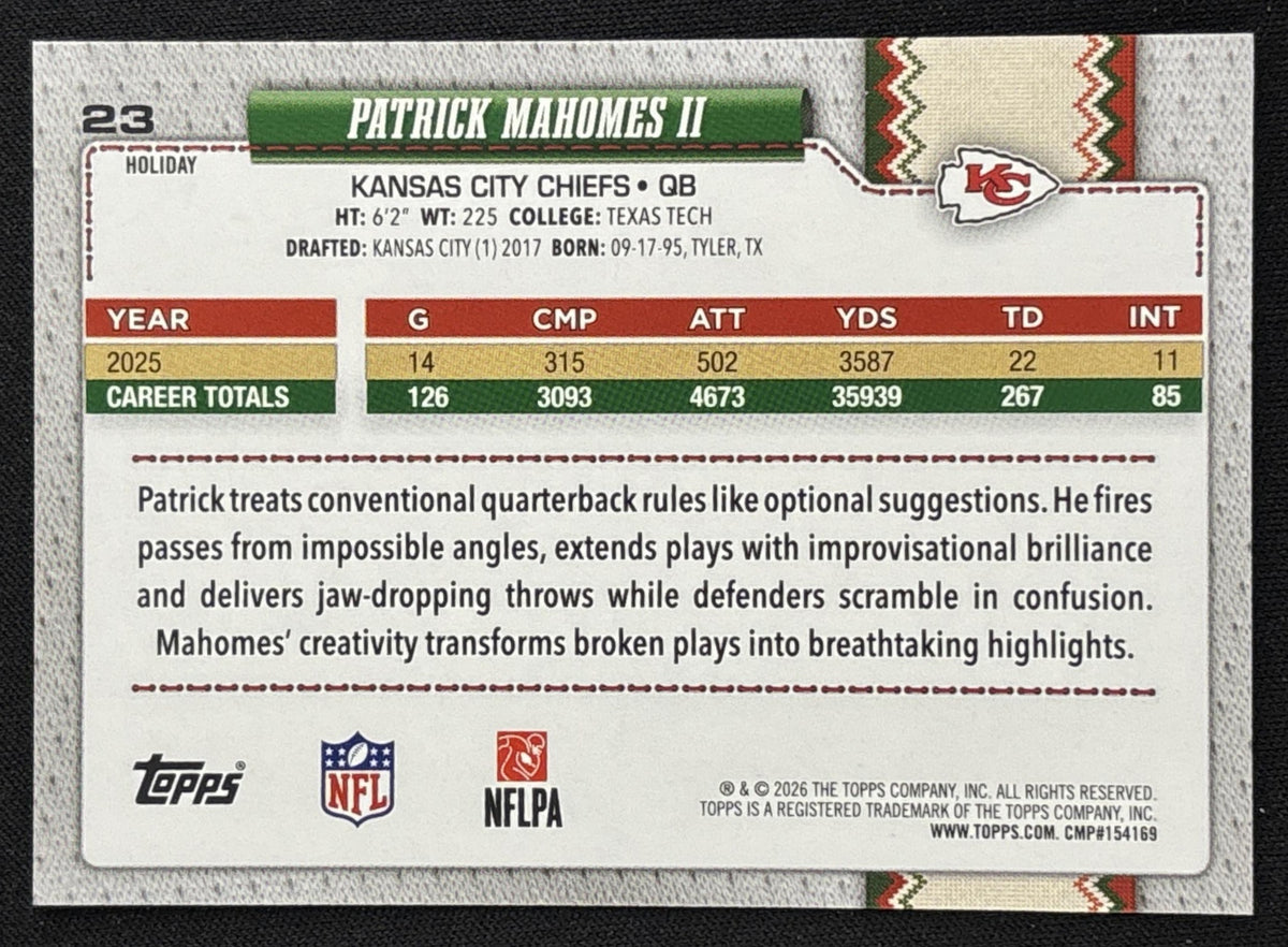 Patrick Mahomes II 2026 Topps Holiday Back Variation Chiefs Sports Trading Card
