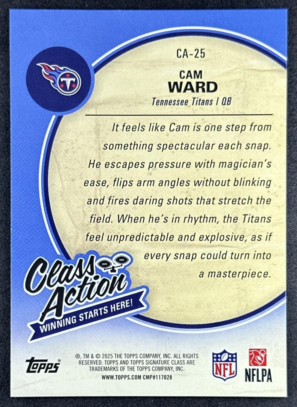 Cam Ward 2025 Topps Signature Class Action Titans back