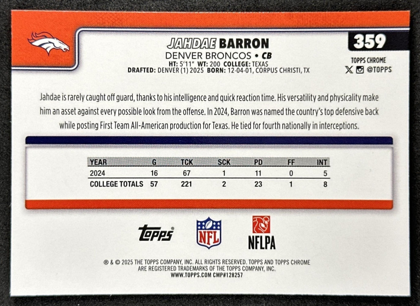Jahdae Barron 2025 Topps Chrome Sapphire Broncos