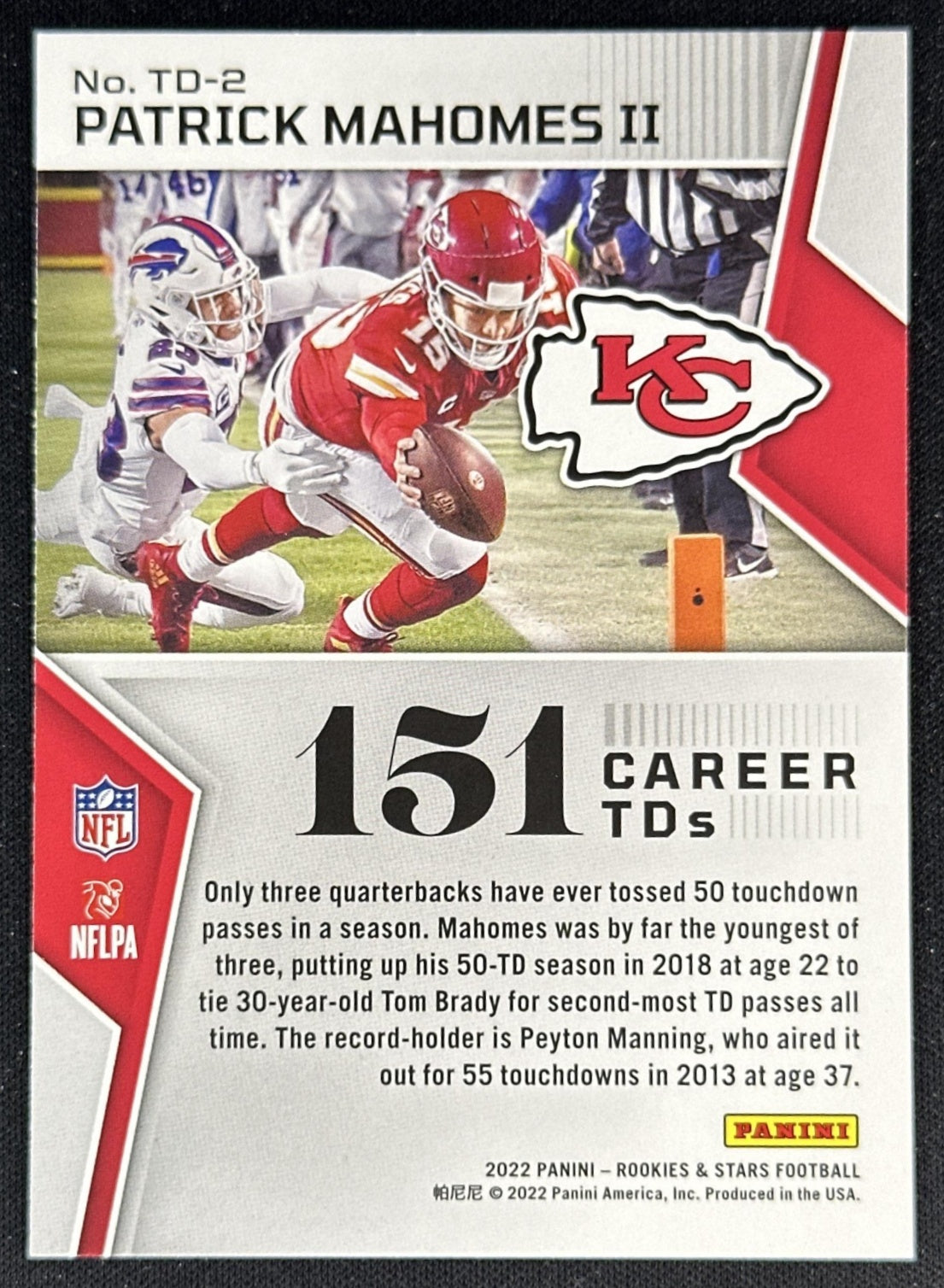 Patrick Mahomes II 2022 Panini Rookies & Stars Touchdown Club Chiefs back