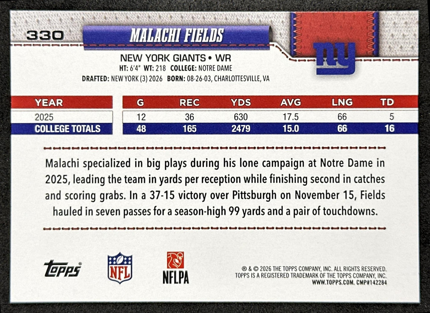 Malachi Fields 2026 Topps Flagship Rookie Giants Sports Trading Card