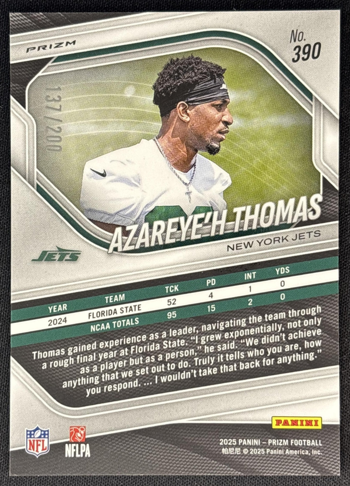Azareye'h Thomas 2025 Panini Prizm Hyper /200 Jets Sports Trading Cards