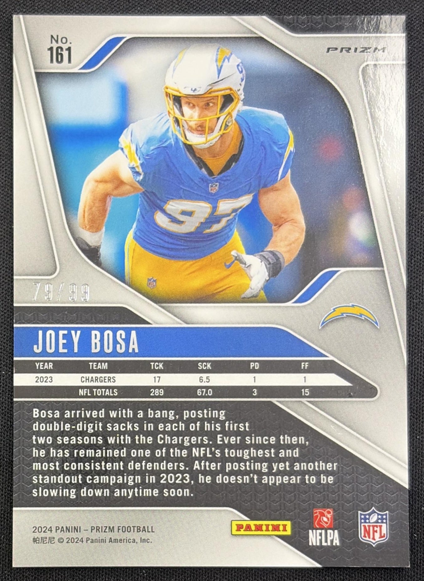 Joey Bosa 2024 Panini Prizm Blue Ice /99 Chargers back