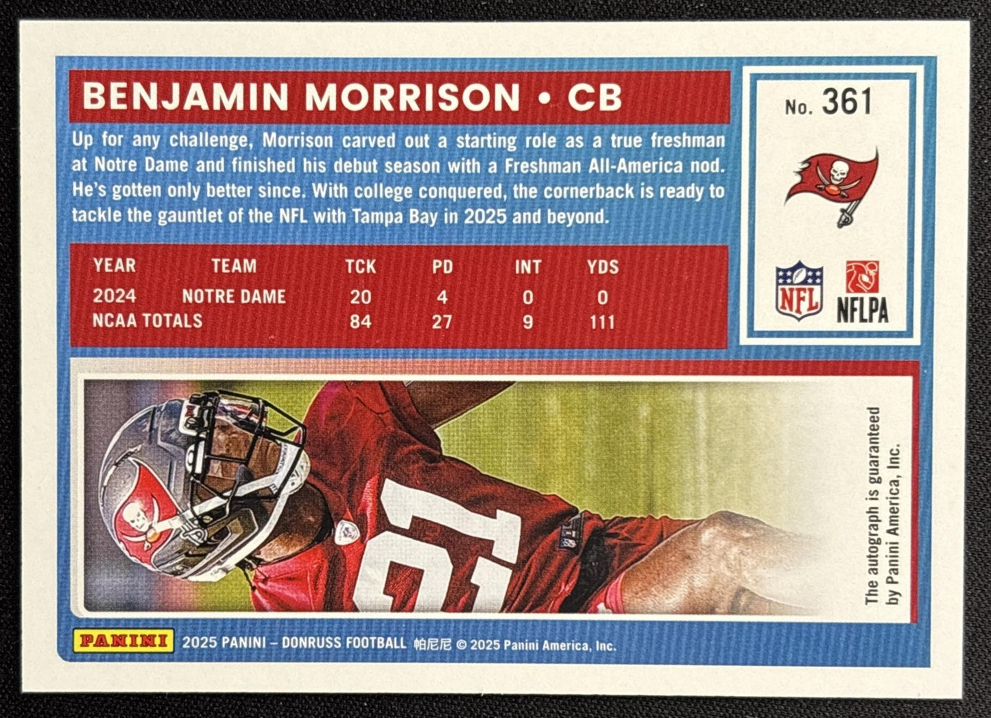 Benjamin Morrison 2025 Panini Donruss Rated Rookie Auto Green Buccaneers