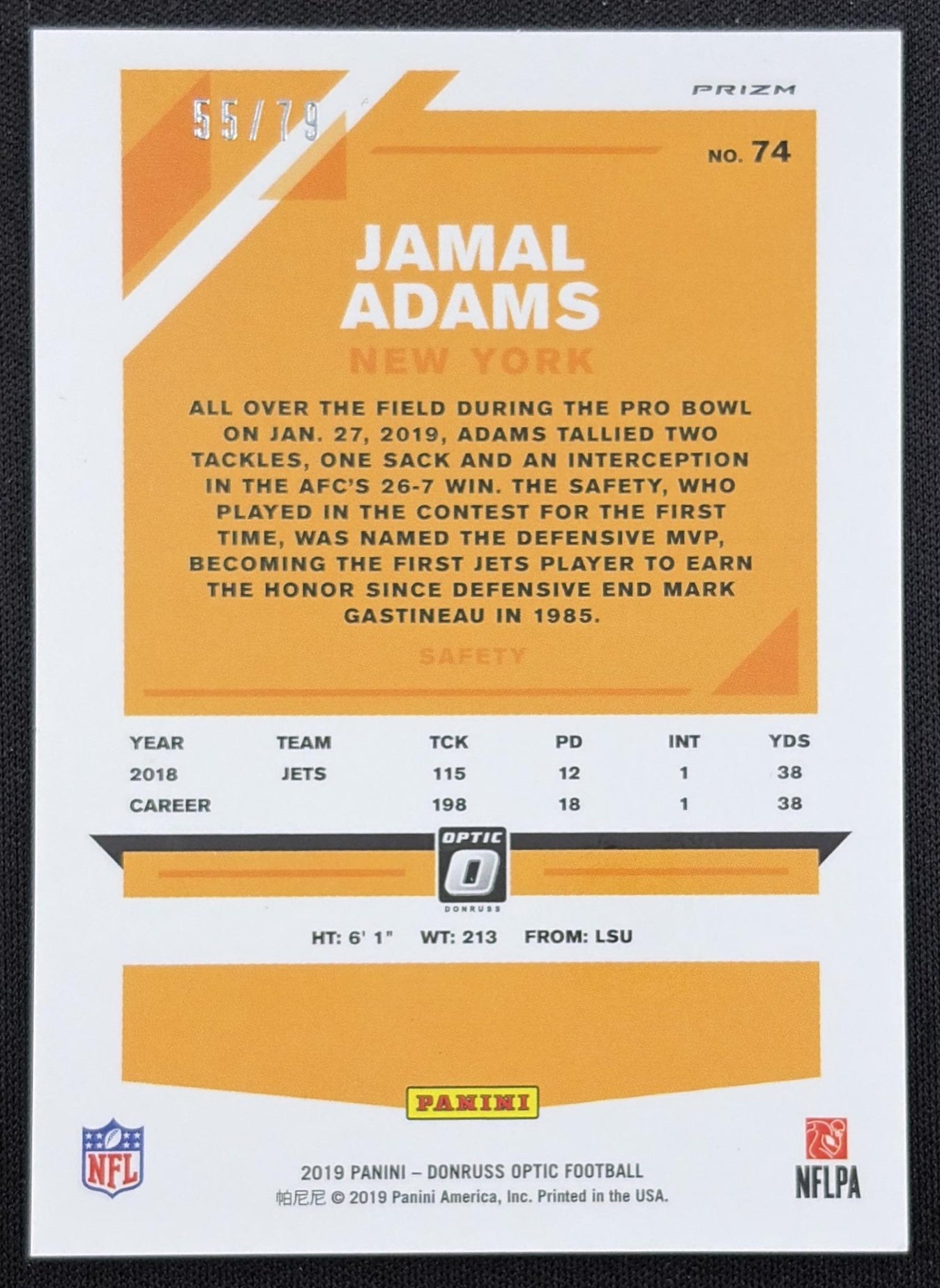 Jamal Adams 2019 Panini Donruss Optic Orange Scope /79 Jets