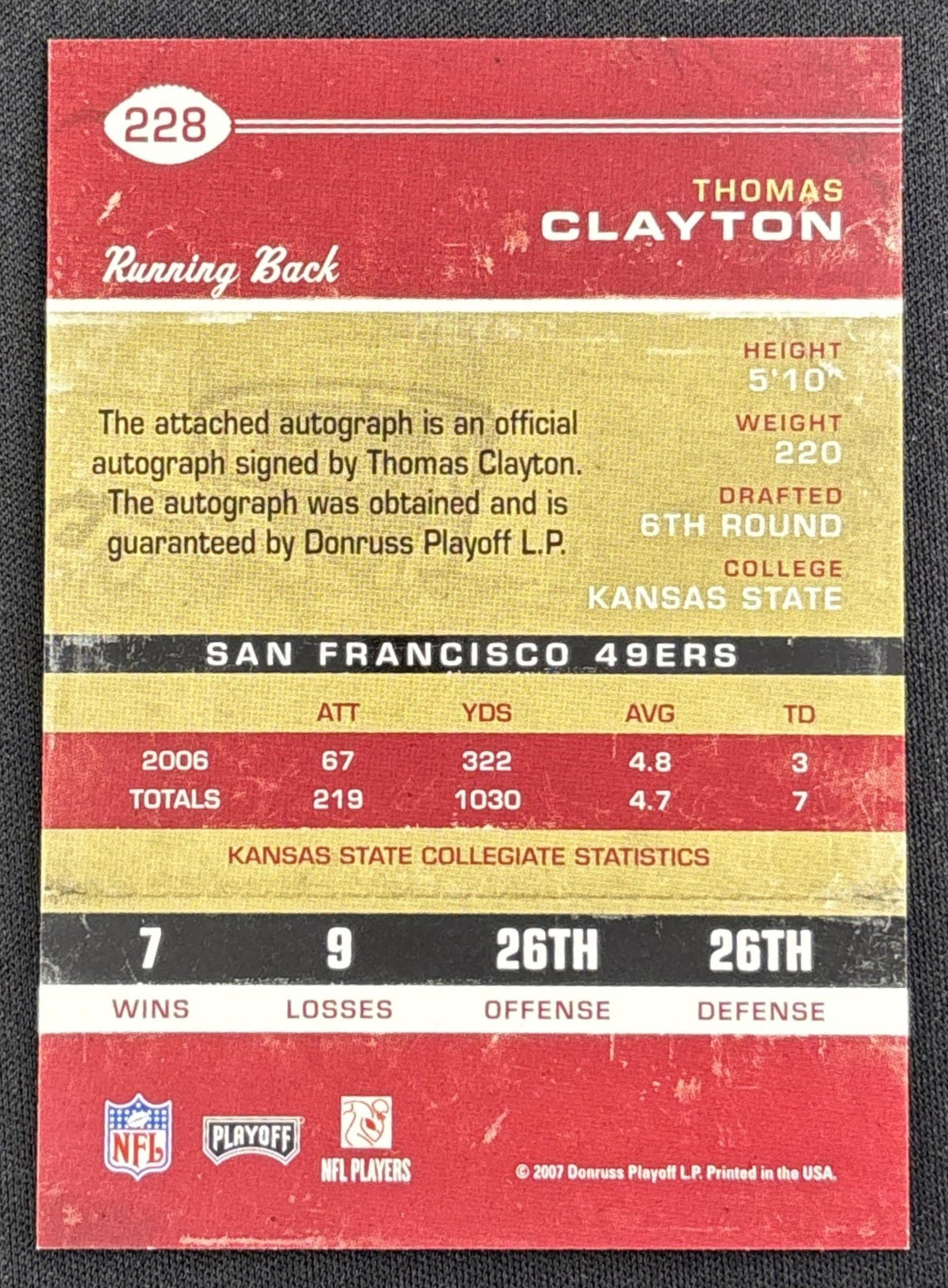 Thomas Clayton 2007 Playoff Contenders Rookie Ticket Auto 49ers