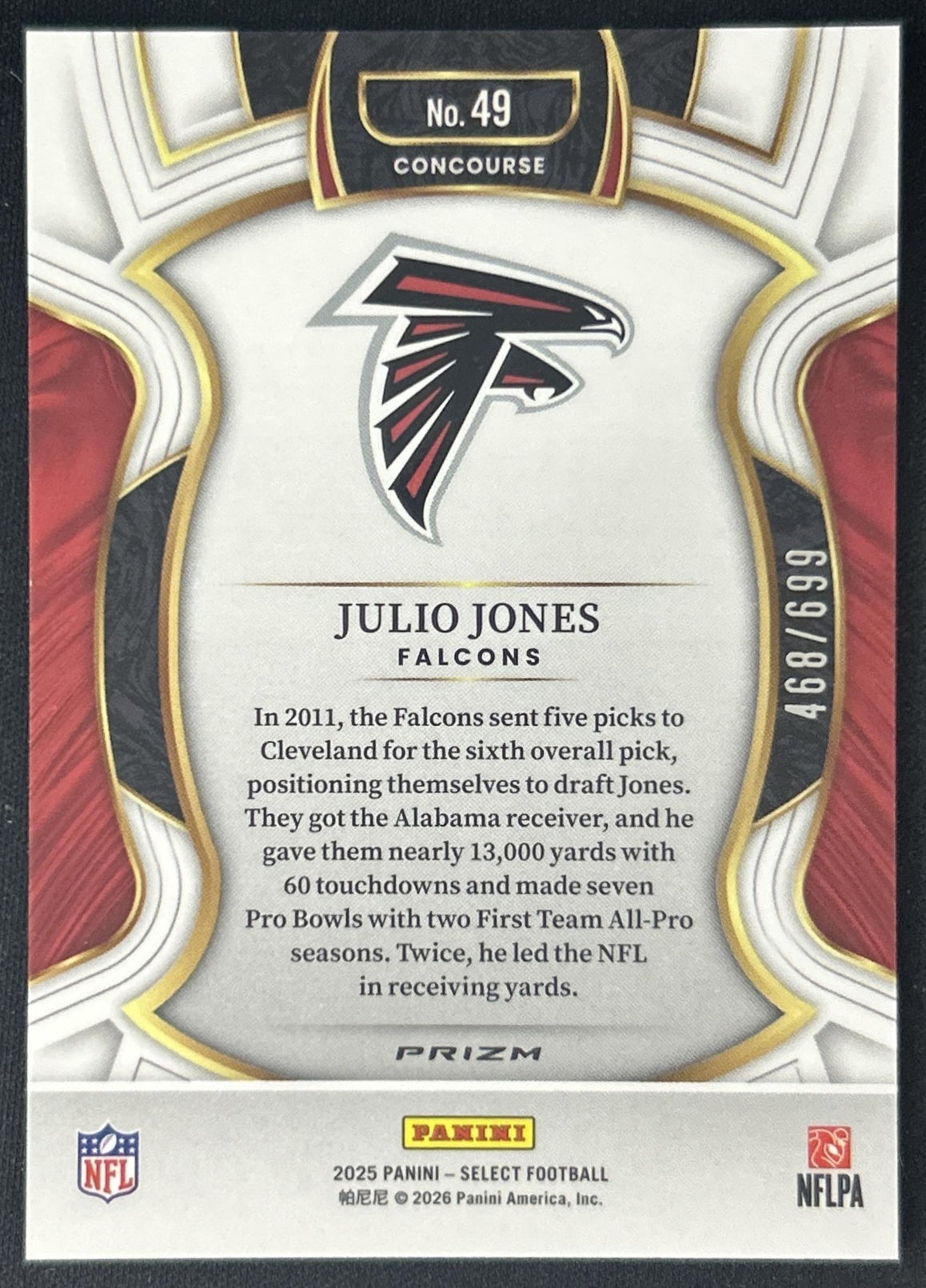Julio Jones 2025 Panini Select Concourse Purple Prizm Shock /699 Falcons back