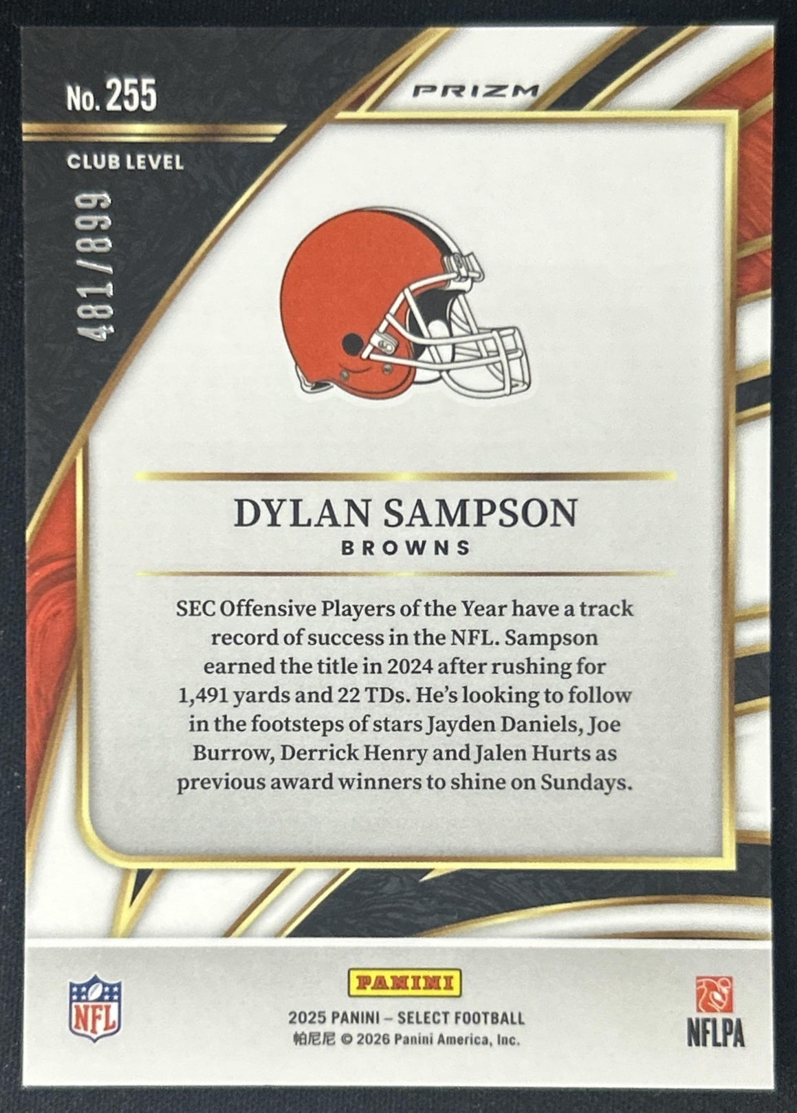 Dylan Sampson 2025 Panini Select Club Level Copper Prizm Shock /899 Browns back
