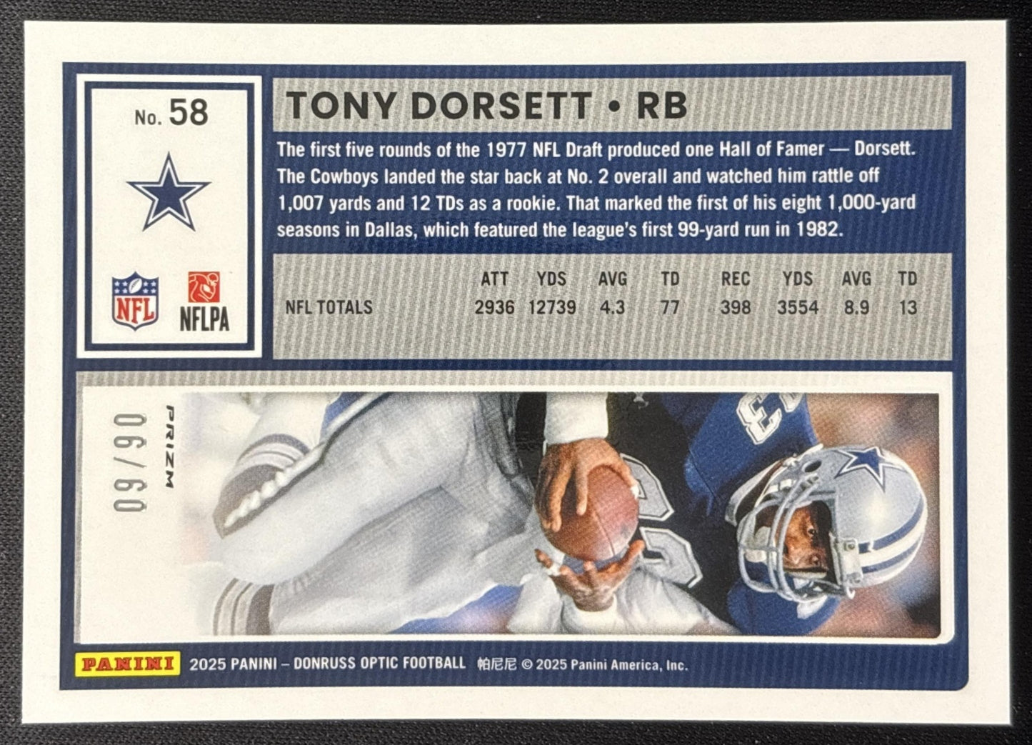 Tony Dorsett 2025 Panini Donruss Optic Purple Prizm /60 Cowboys Sports Trading Cards