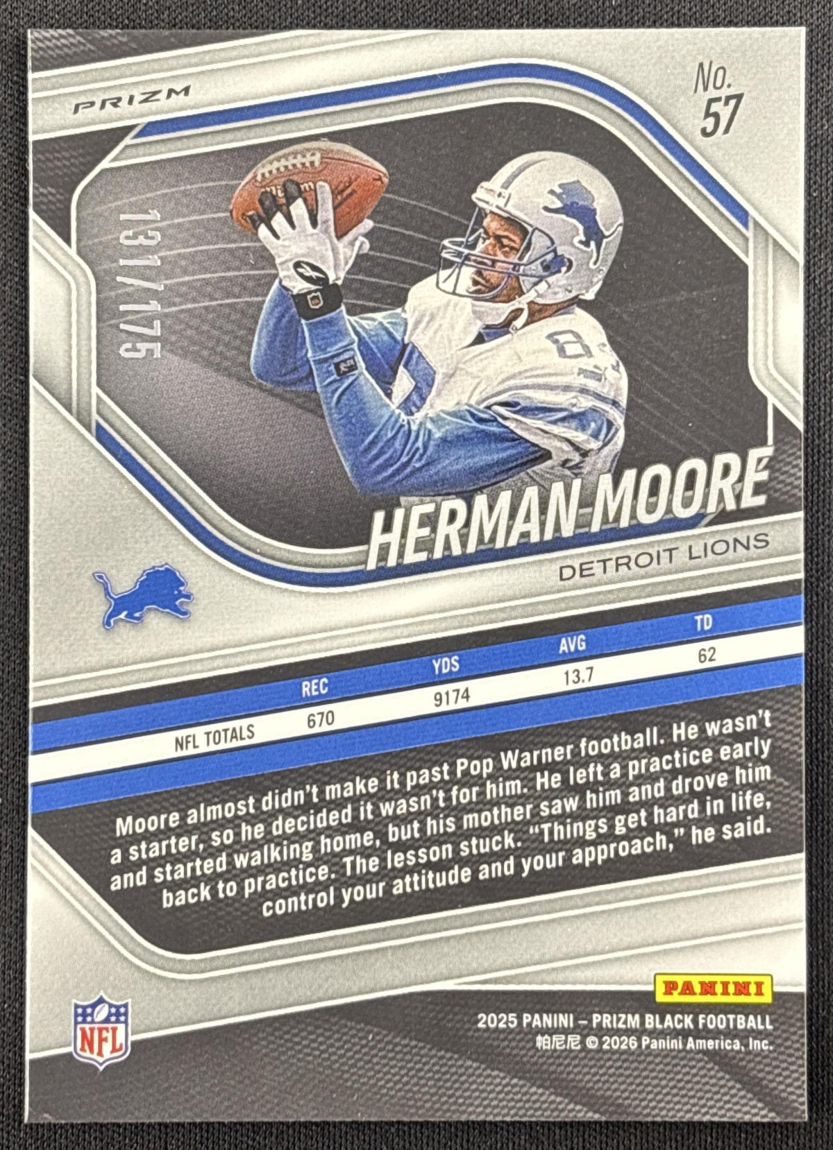 Herman Moore 2025 Panini Prizm Black White /175 Lions