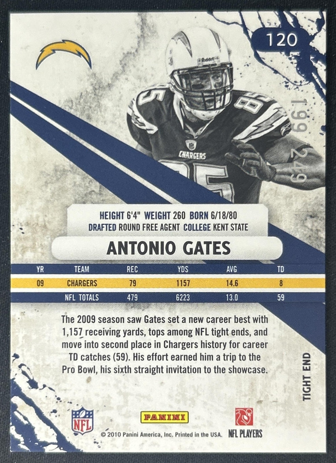 Antonio Gates 2010 Rookies & Stars Longevity Parallel Silver /249 Chargers back