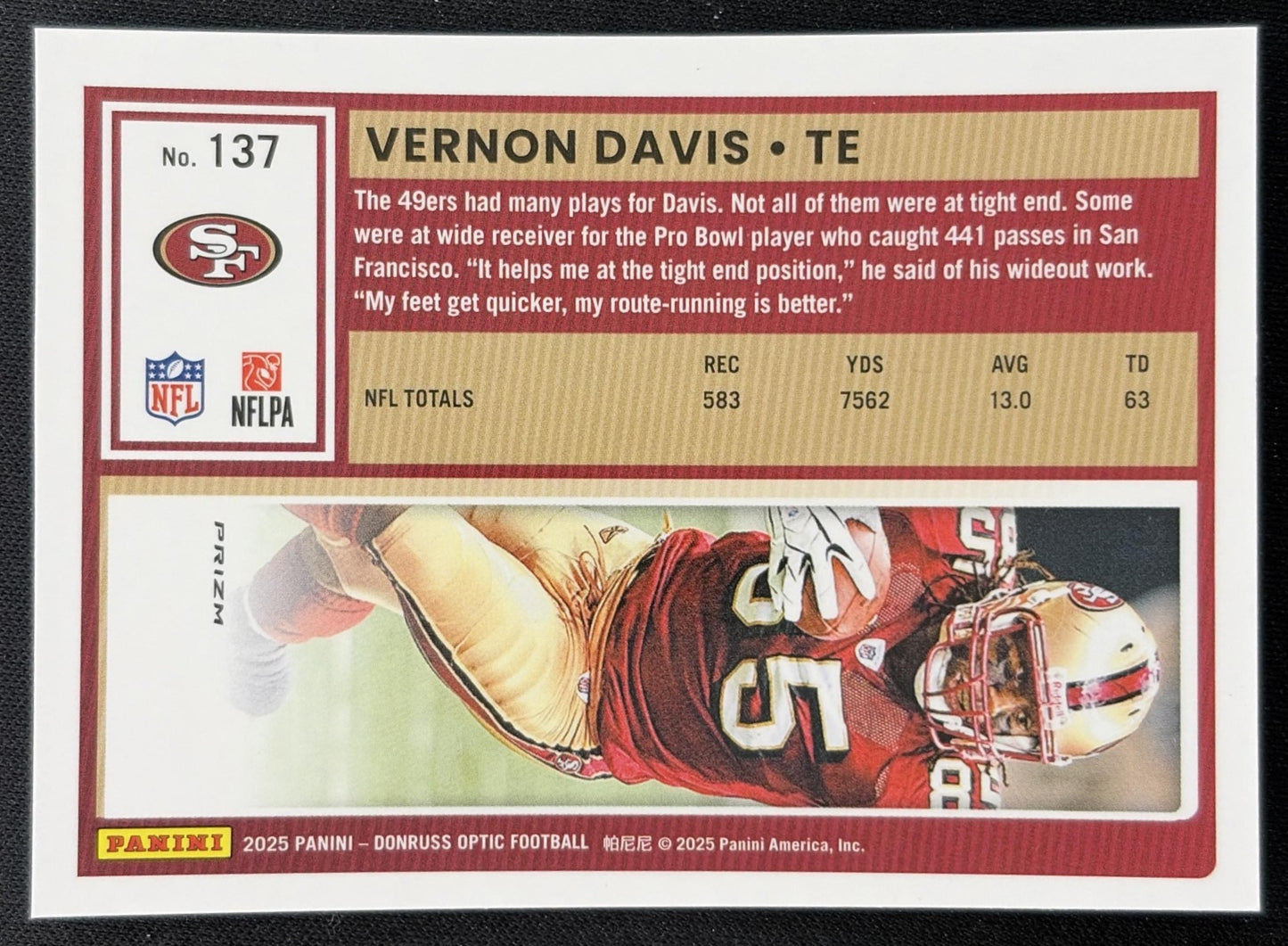 Vernon Davis 2025 Panini Donruss Optic Stars Prizm 49ers