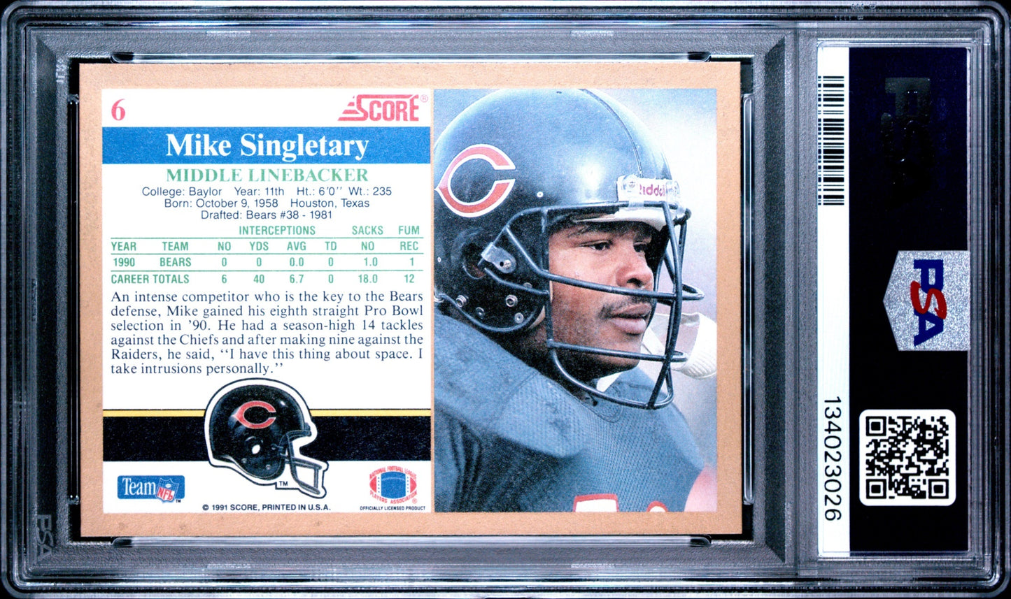 Mike Singletary 1991 Score PSA 10 Bears back