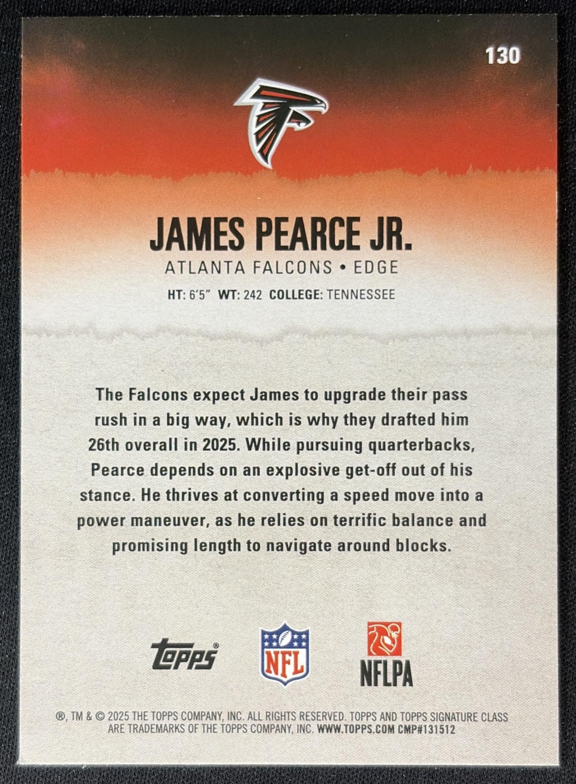 James Pearce Jr. 2025 Topps Signature Class Rookie Red & Black Foil Falcons Sports Trading Cards