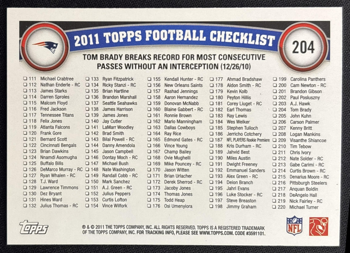 Tom Brady 2011 Topps Patriots Record Breaker Sports Trading Cards