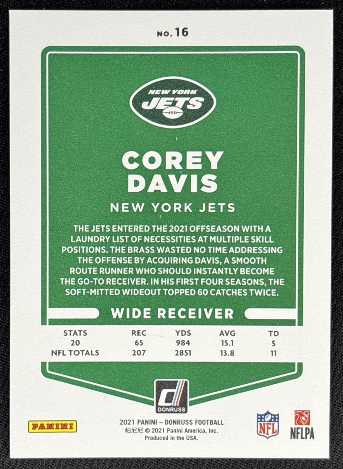 Corey Davis 2021 Panini Donruss Press Proof Premium Jets Sports Trading Card