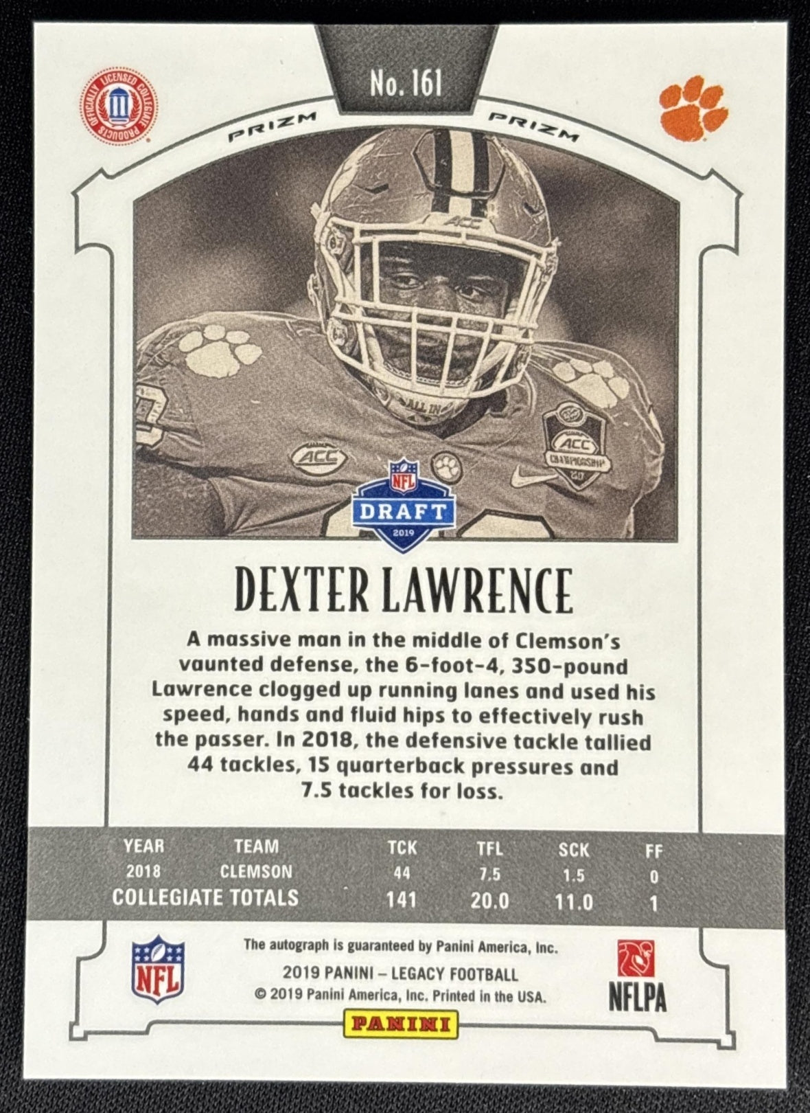 Dexter Lawrence 2019 Panini Legacy Premium Penmanship Tigers - Clemson Tigers