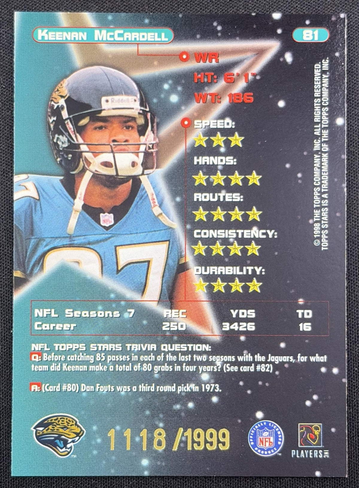 Keenan McCardell 1998 Topps Stars Gold Star /1999 Jaguars back