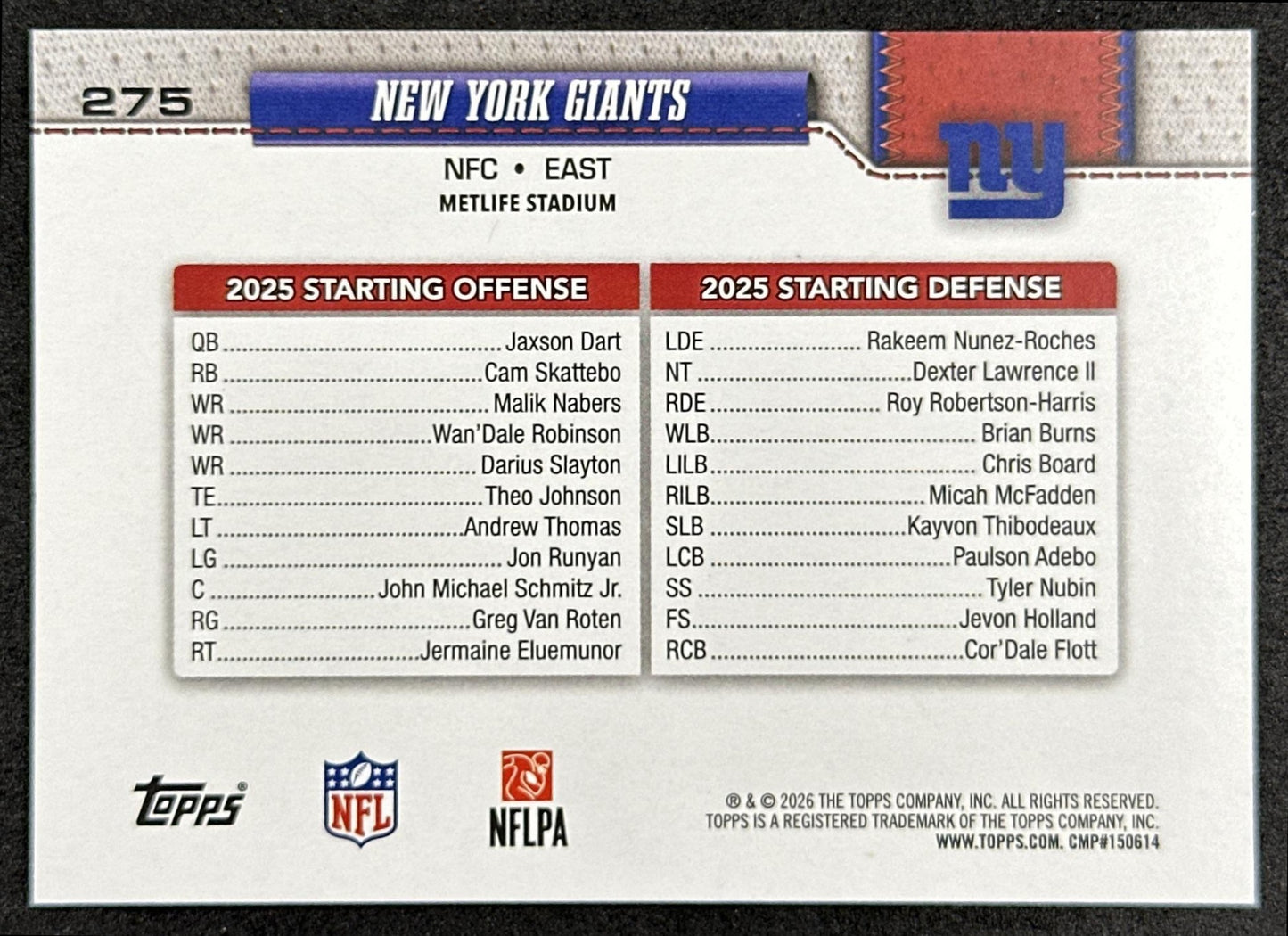 New York Giants 2026 Topps Flagship Giants Sports Trading Cards