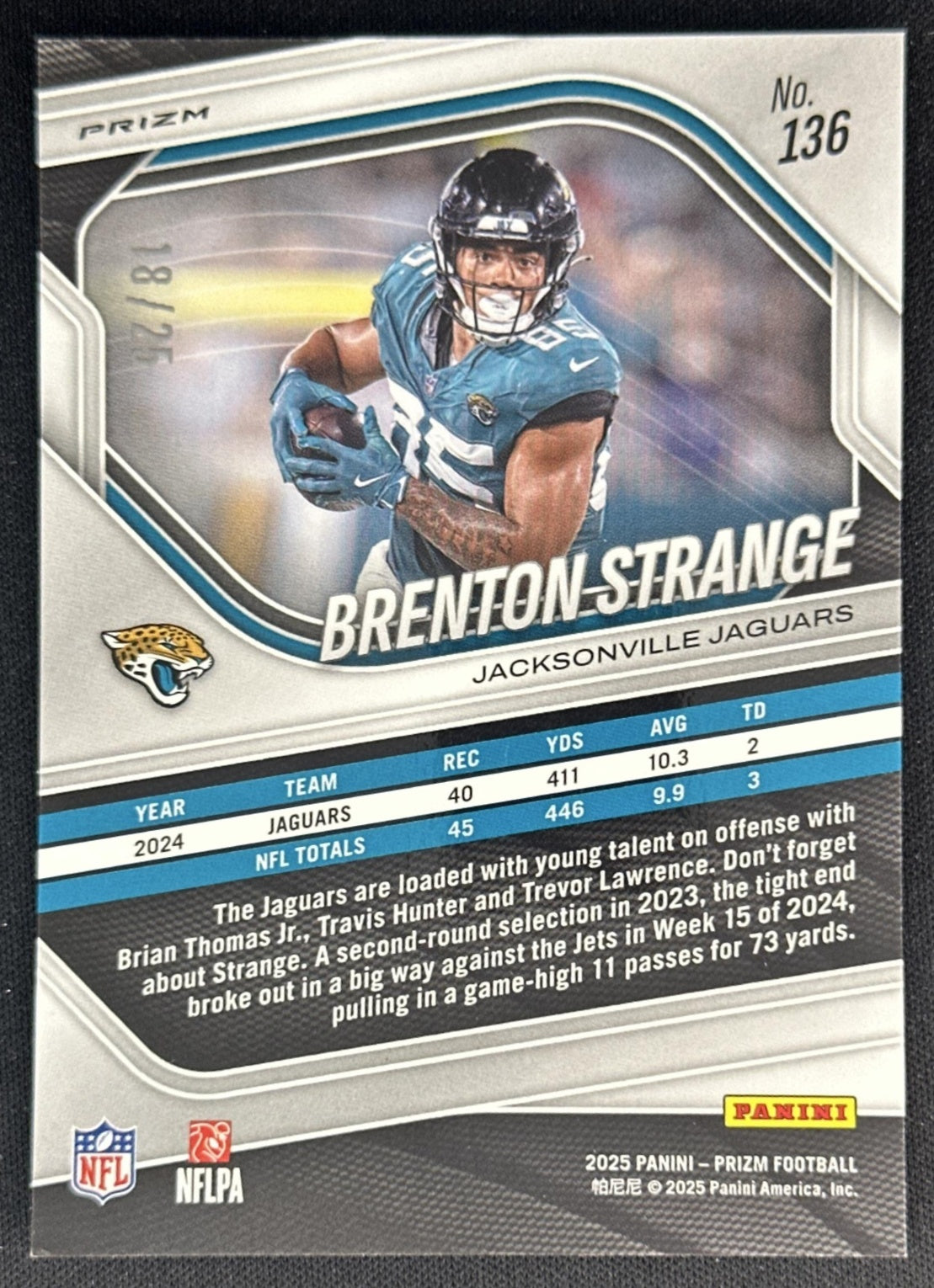 Brenton Strange 2025 Panini Prizm Navy Camo /25 Jaguars Sports Trading Cards
