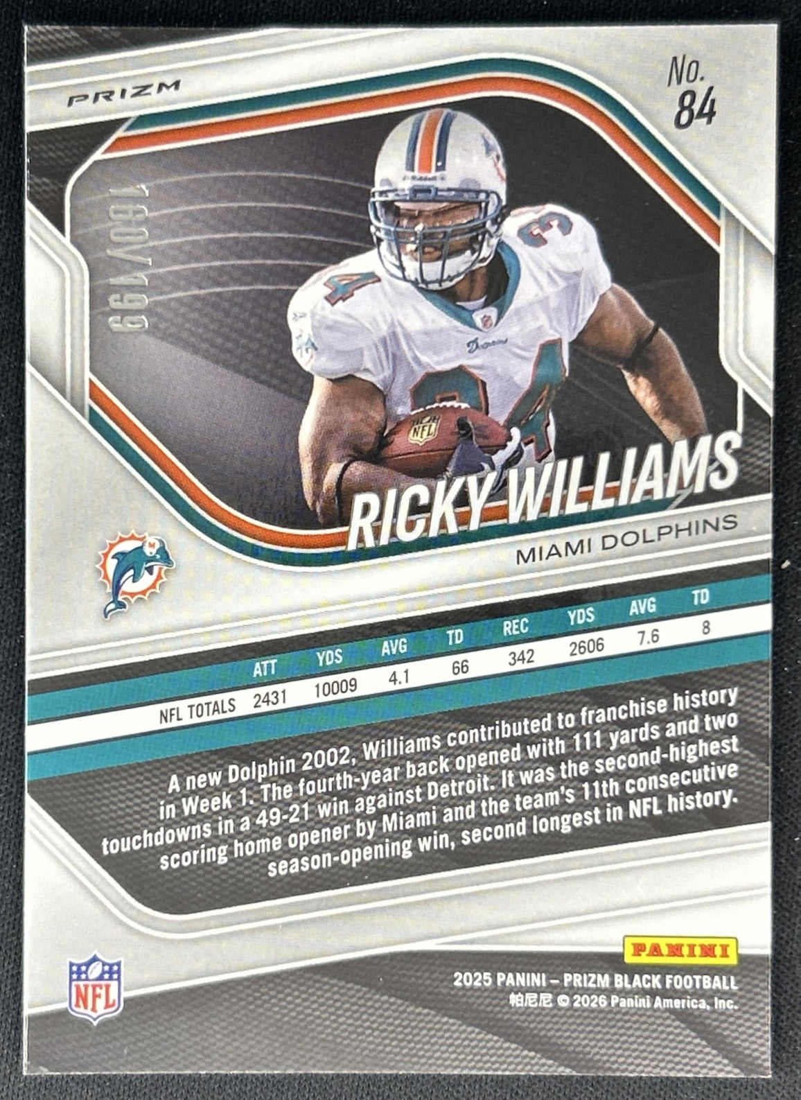 Ricky Williams 2025 Panini Prizm Black Blue /199 Dolphins back