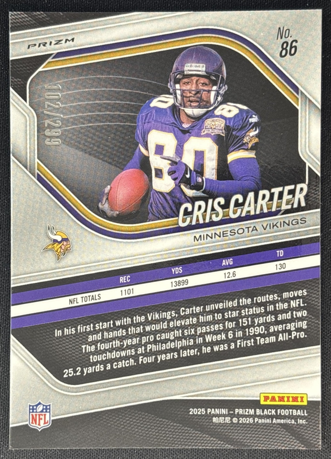 Cris Carter 2025 Panini Prizm Black Red /299 Vikings back