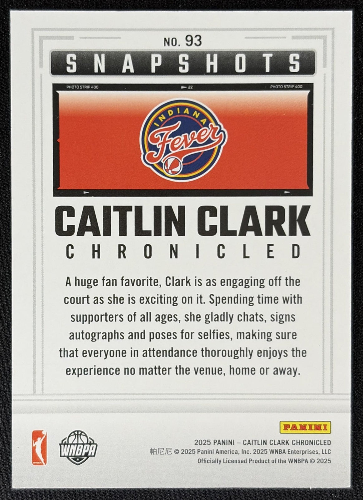Caitlin Clark 2025 Panini Chronicled Snap Shots Holo Fever 93