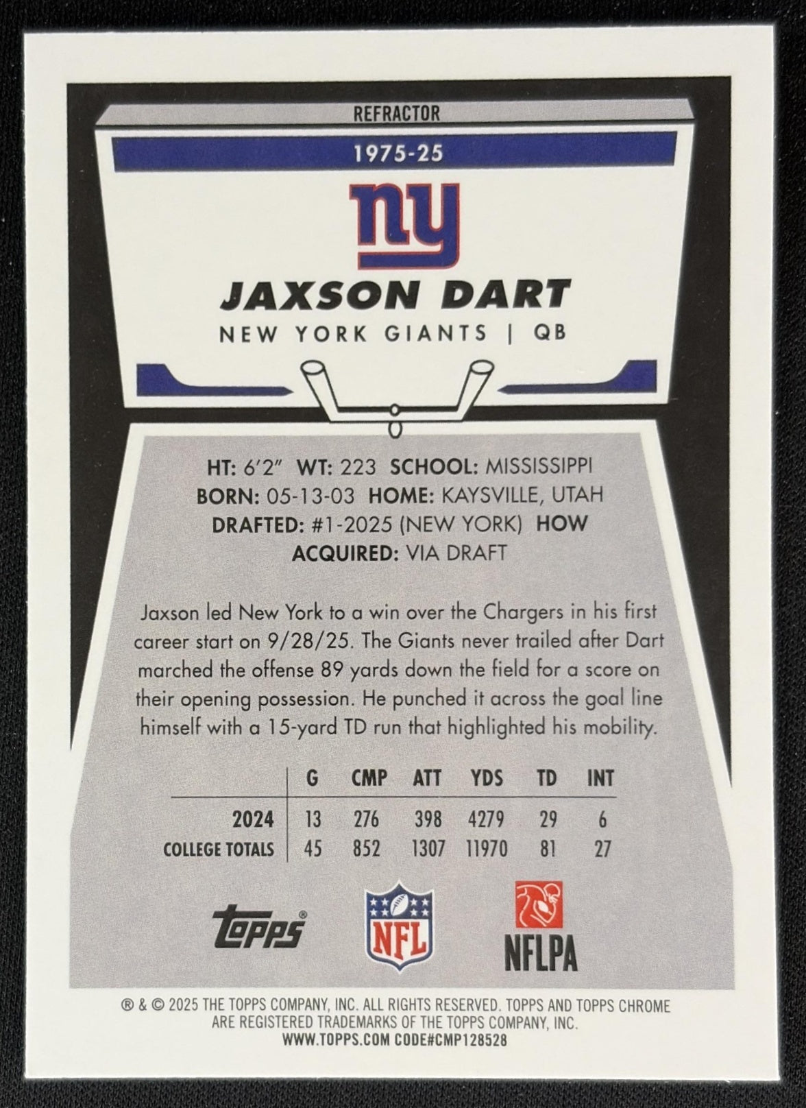 Jaxson Dart 2025 Topps Chrome 1975 Refractor Giants back