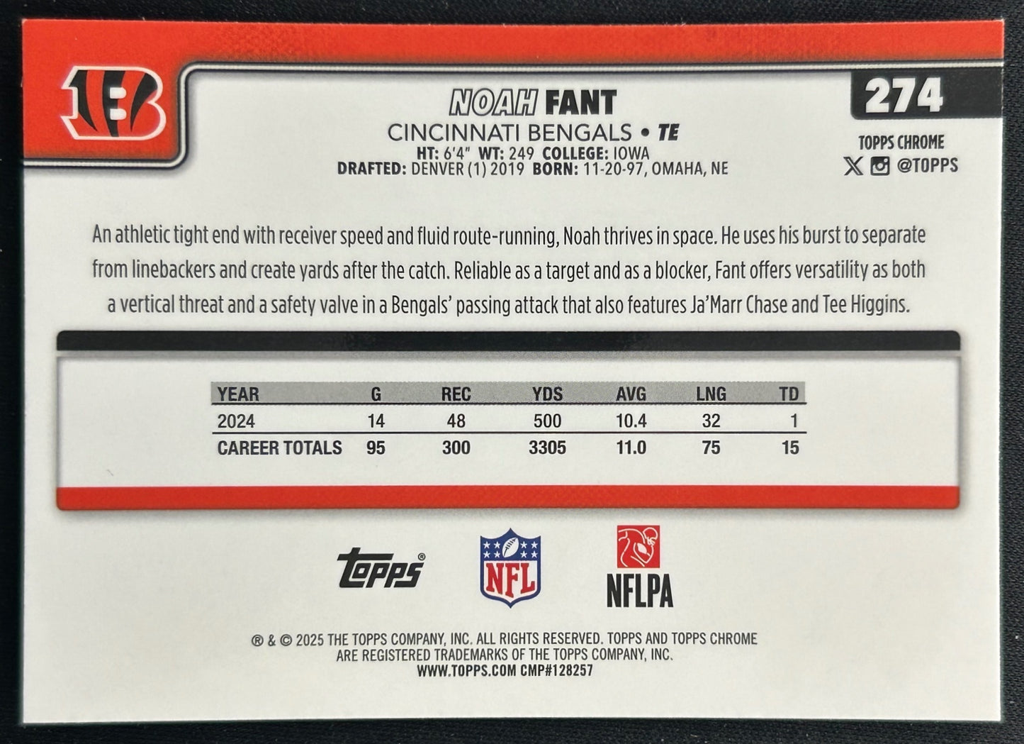 Noah Fant 2025 Topps Chrome Football Leather Refractor Bengals Sports Trading Cards