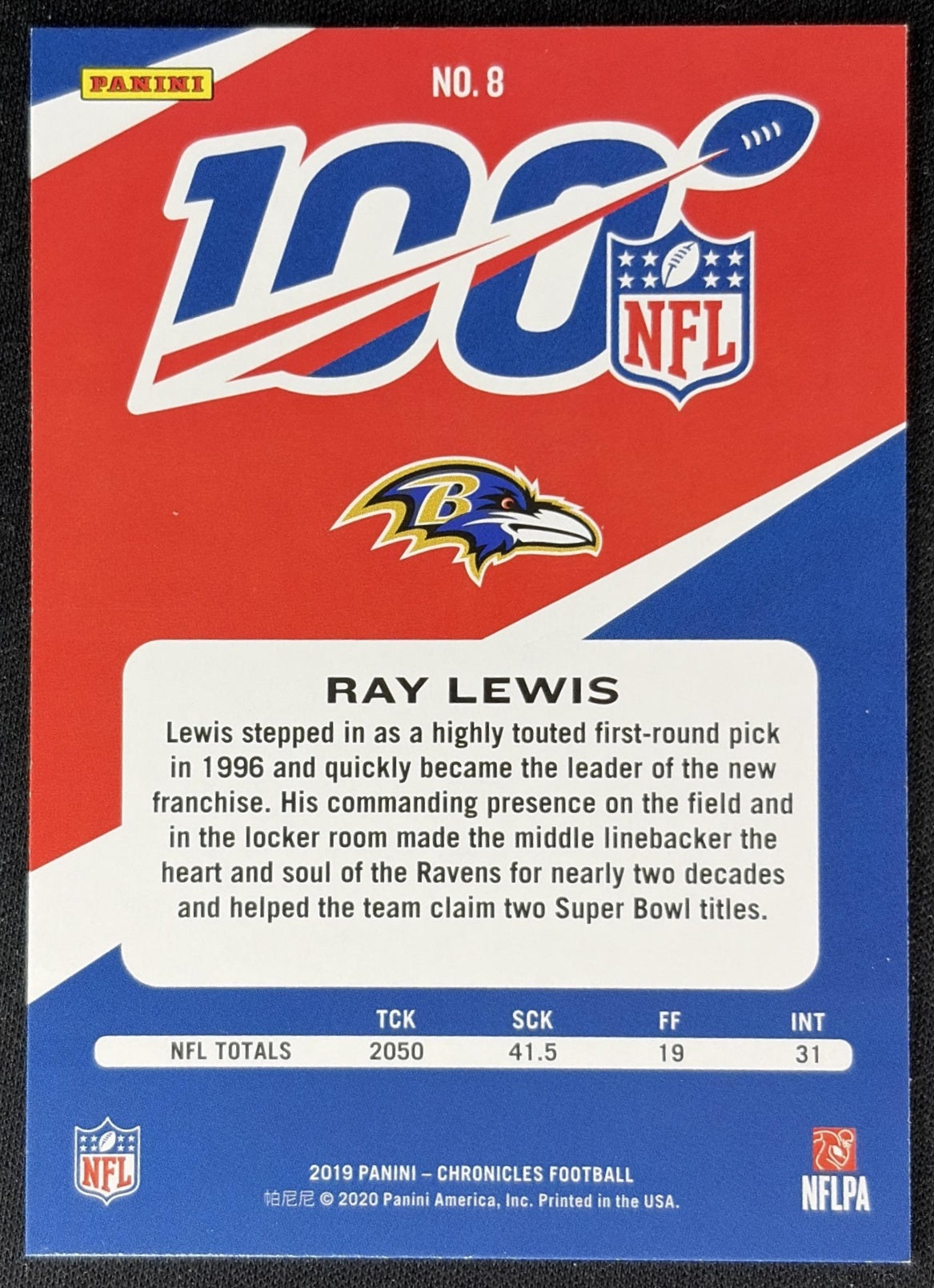 Ray Lewis 2019 Panini Chronicles NFL 100 Ravens back