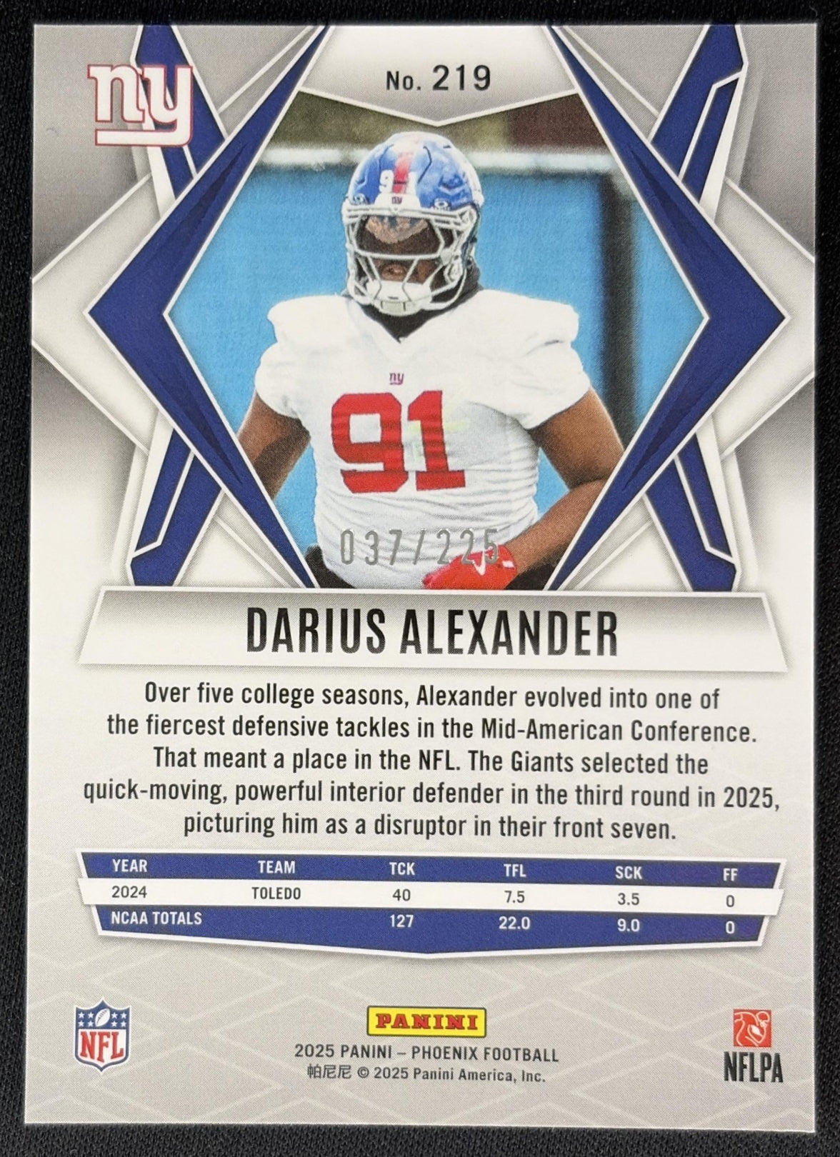 Darius Alexander 2025 Panini Phoenix Lime Green Lava Prizm /225 Giants back