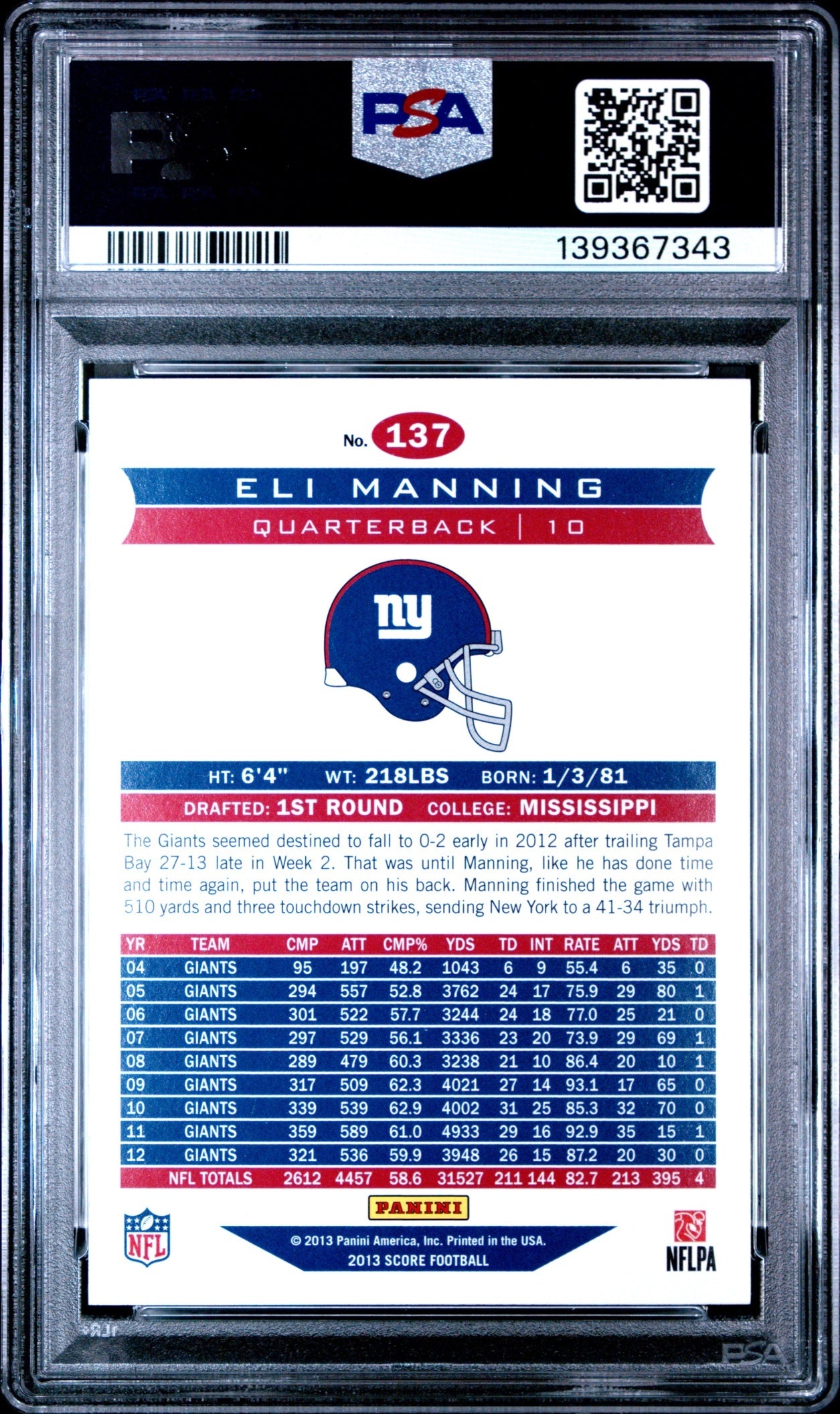 Eli Manning 2013 Panini Score PSA 10 Giants back