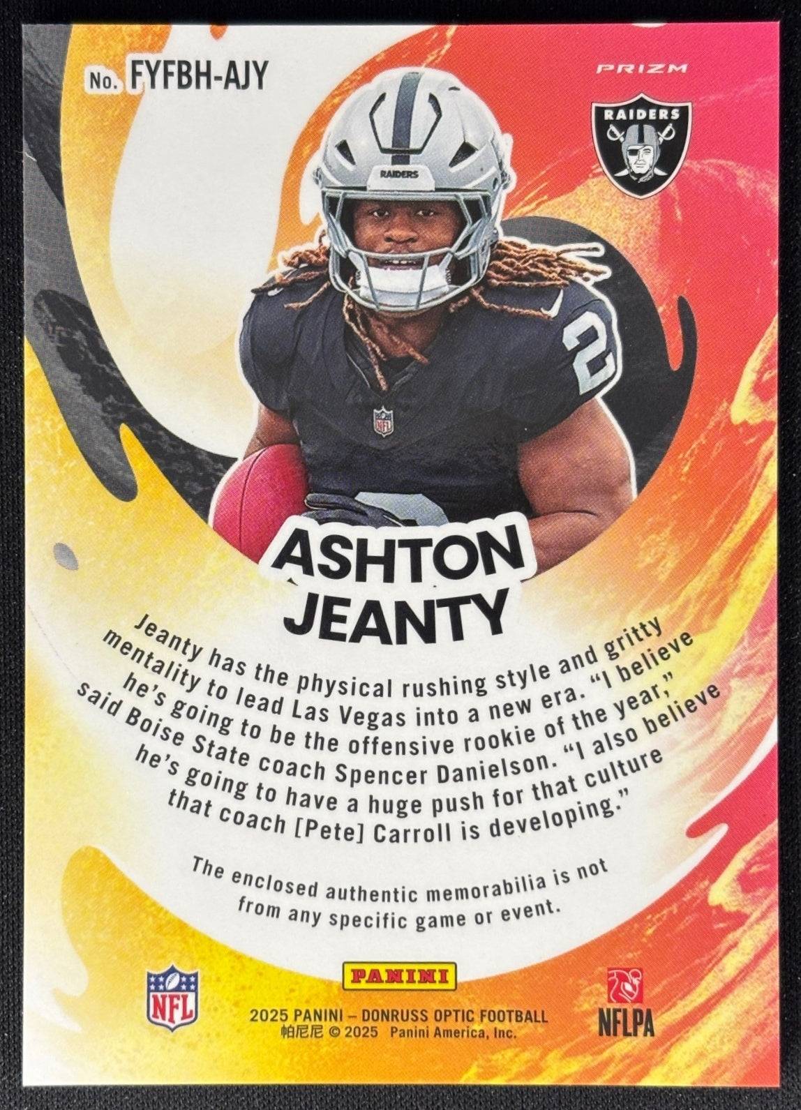 Ashton Jeanty 2025 Donruss Optic First Year Fresh Raiders (back) - sports trading card - Wayne Collection