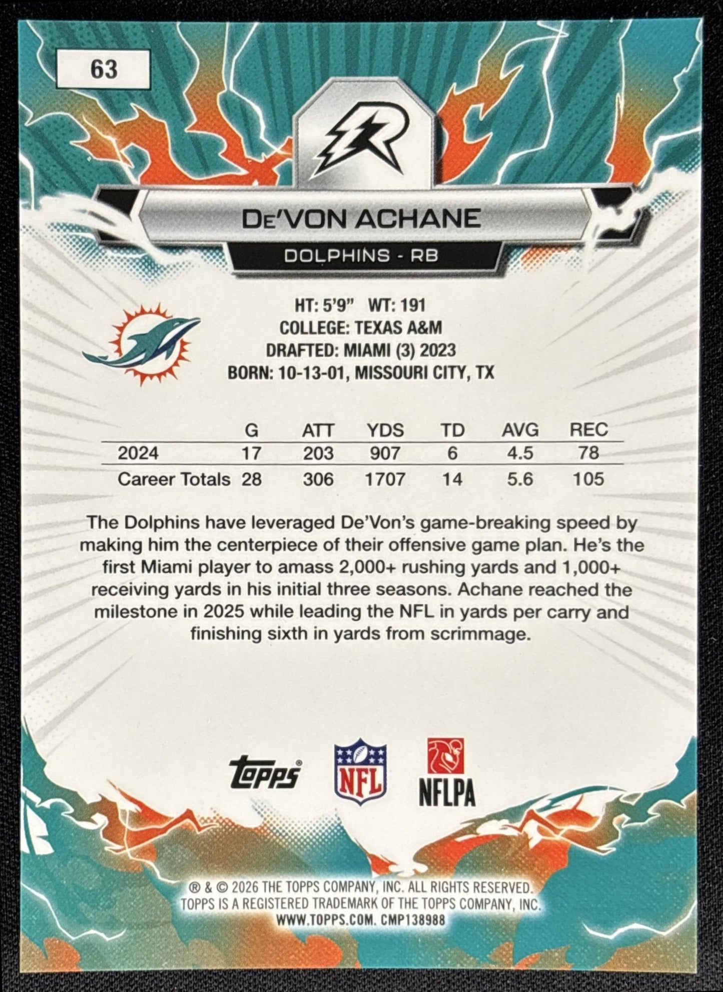 De'Von Achane 2025 Topps Resurgence Digital Surge Refractor /100 Dolphins - back