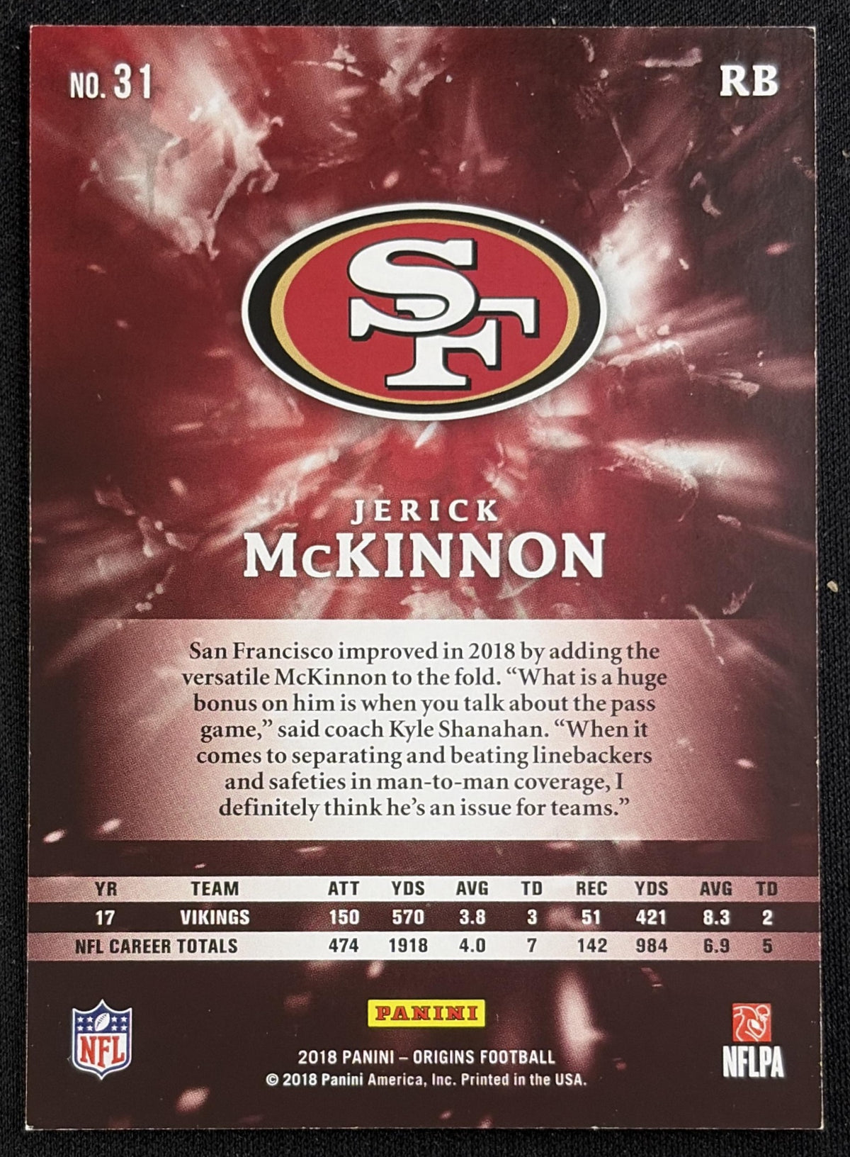 Jerick McKinnon 2018 Panini Origins Blue /99 49ers - Back