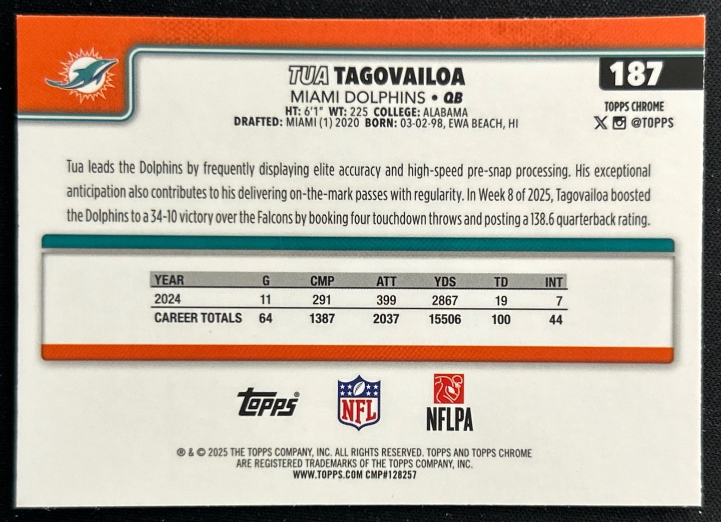Tua Tagovailoa 2025 Topps Chrome Dolphins Falcons Sports Trading Cards