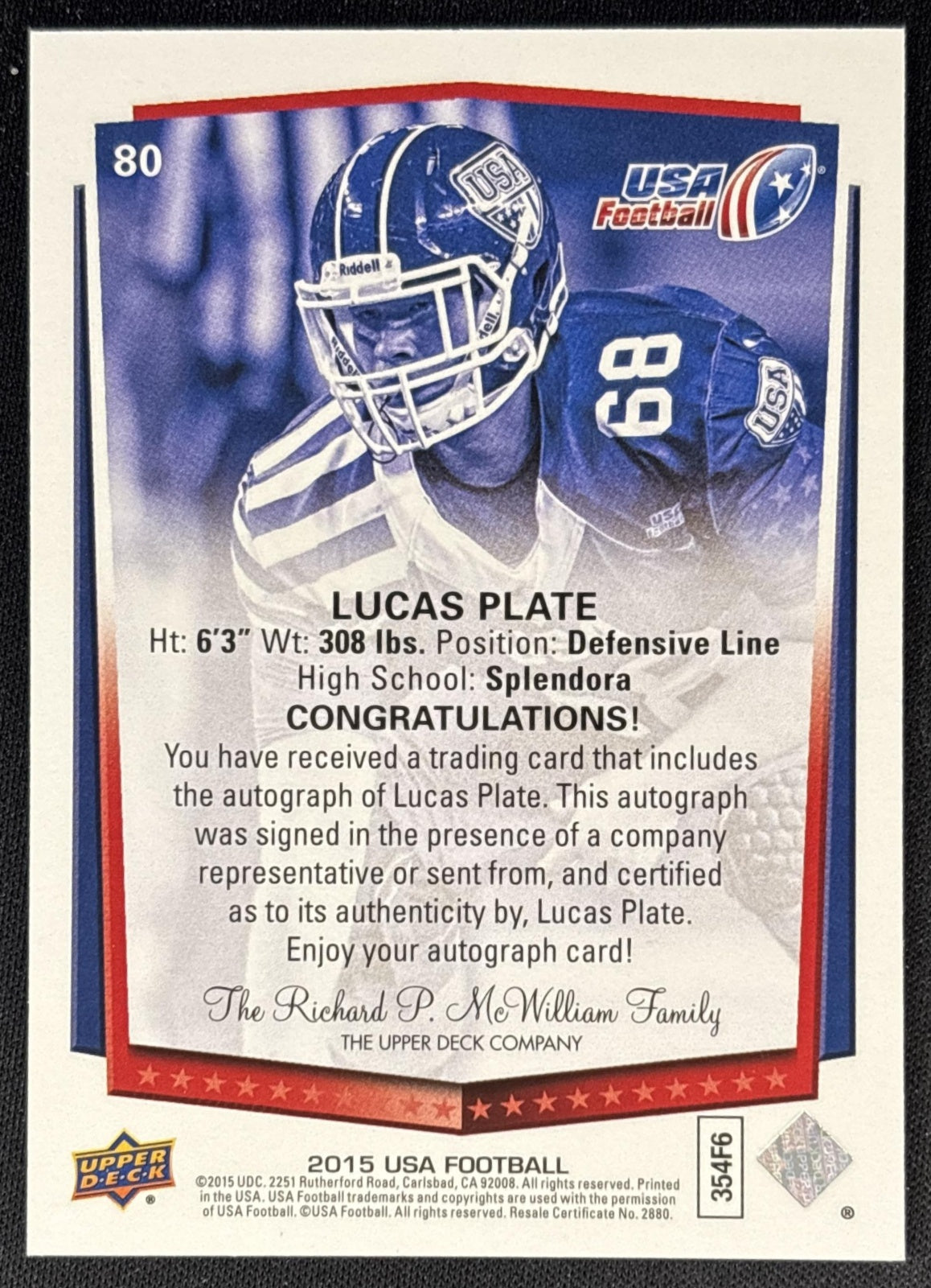 Lucas Plate 2015 Upper Deck USA Football Auto back
