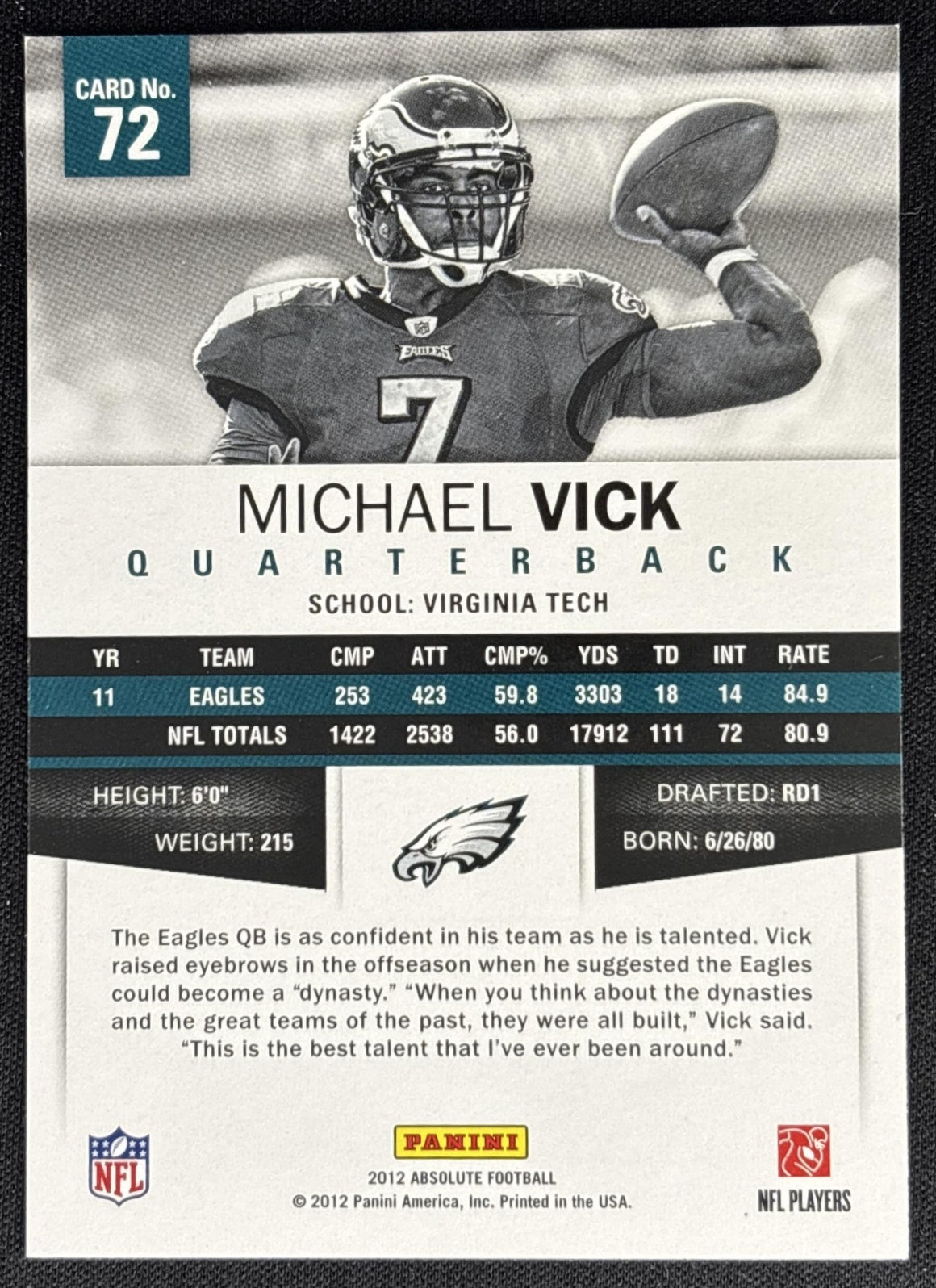 Michael Vick 2012 Panini Absolute Eagles Sports Trading Card
