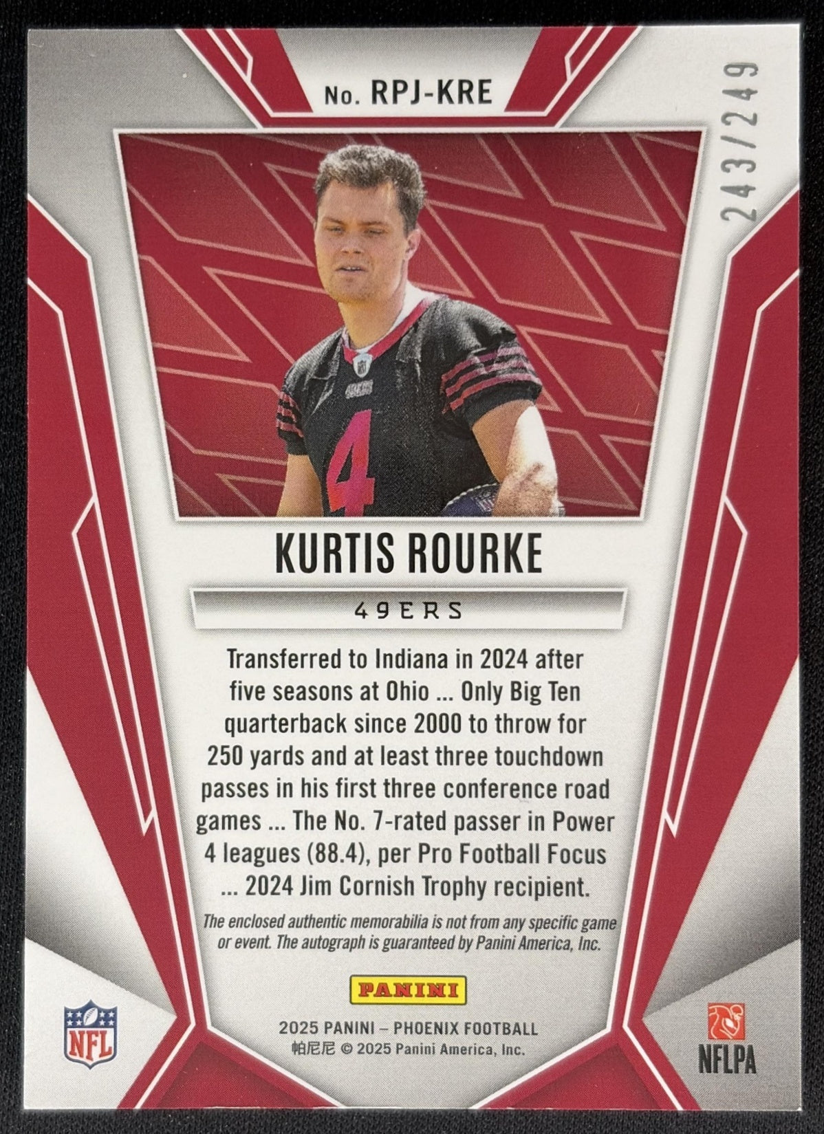 Kurtis Rourke 2025 Panini Phoenix Rookie Phenoms Jersey Auto /249 49ers Back