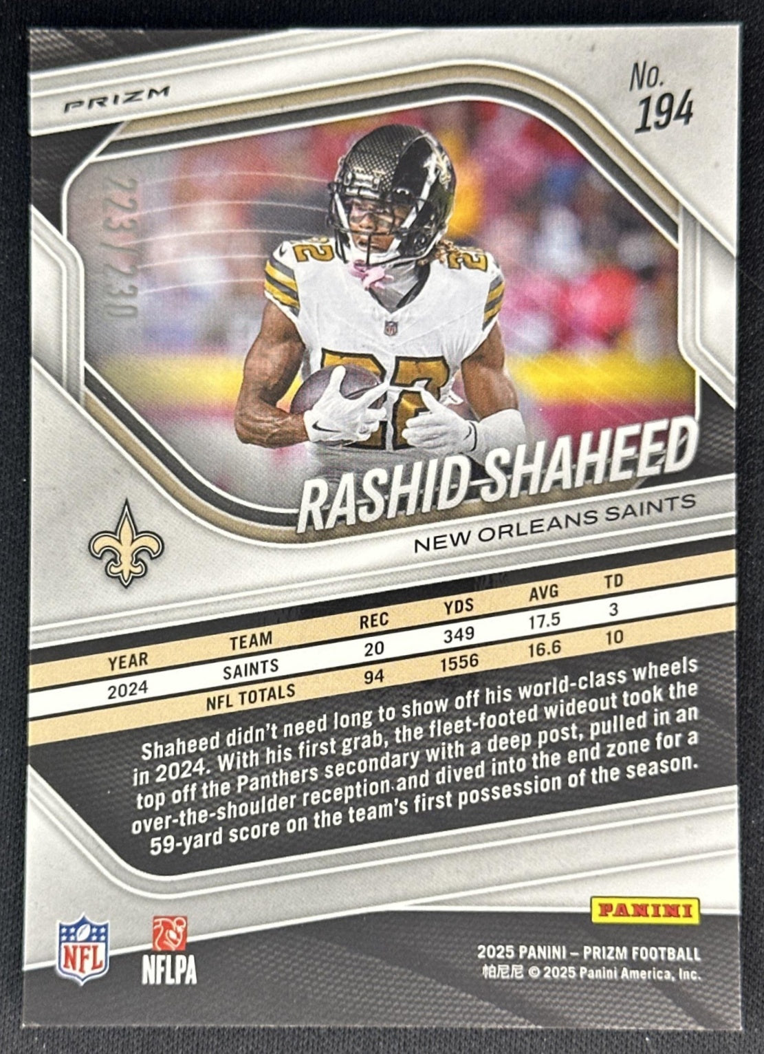 Rashid Shaheed 2025 Panini Prizm Blue Wave /230 Saints Sports Trading Cards