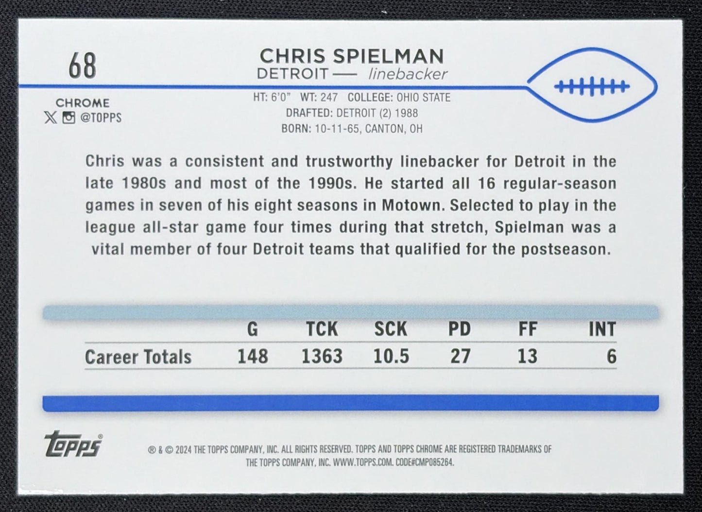 Chris Spielman 2024 Topps Chrome Teal Refractor /250 Lions