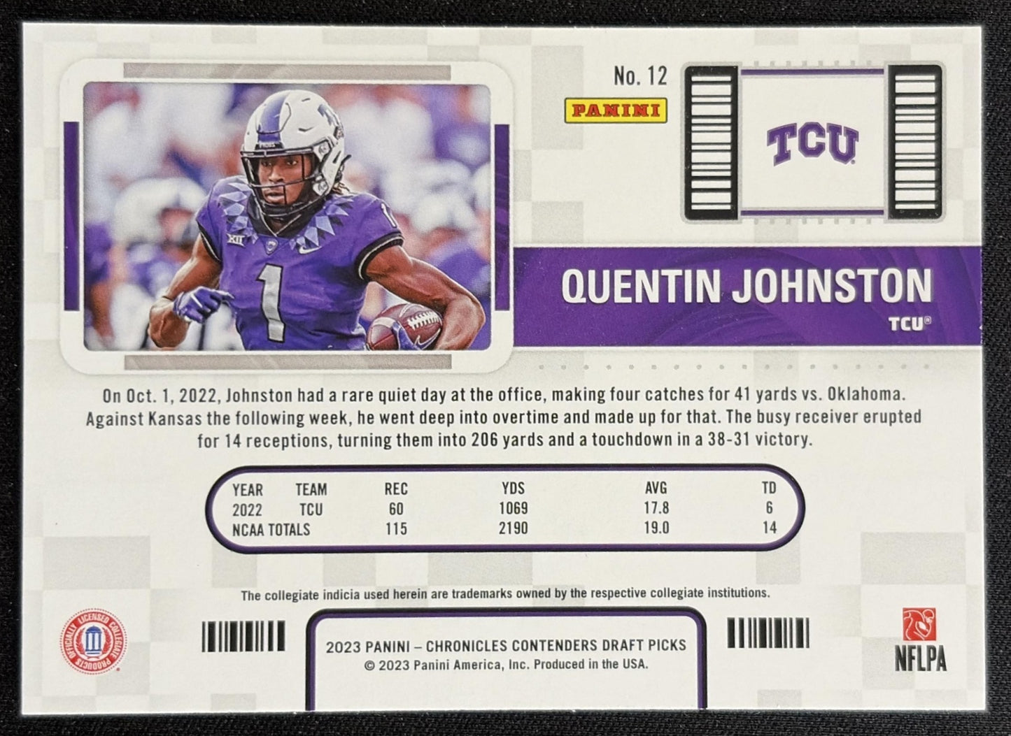 Quentin Johnston 2023 Chronicles Draft Picks Contenders College Ticket Horned Frogs