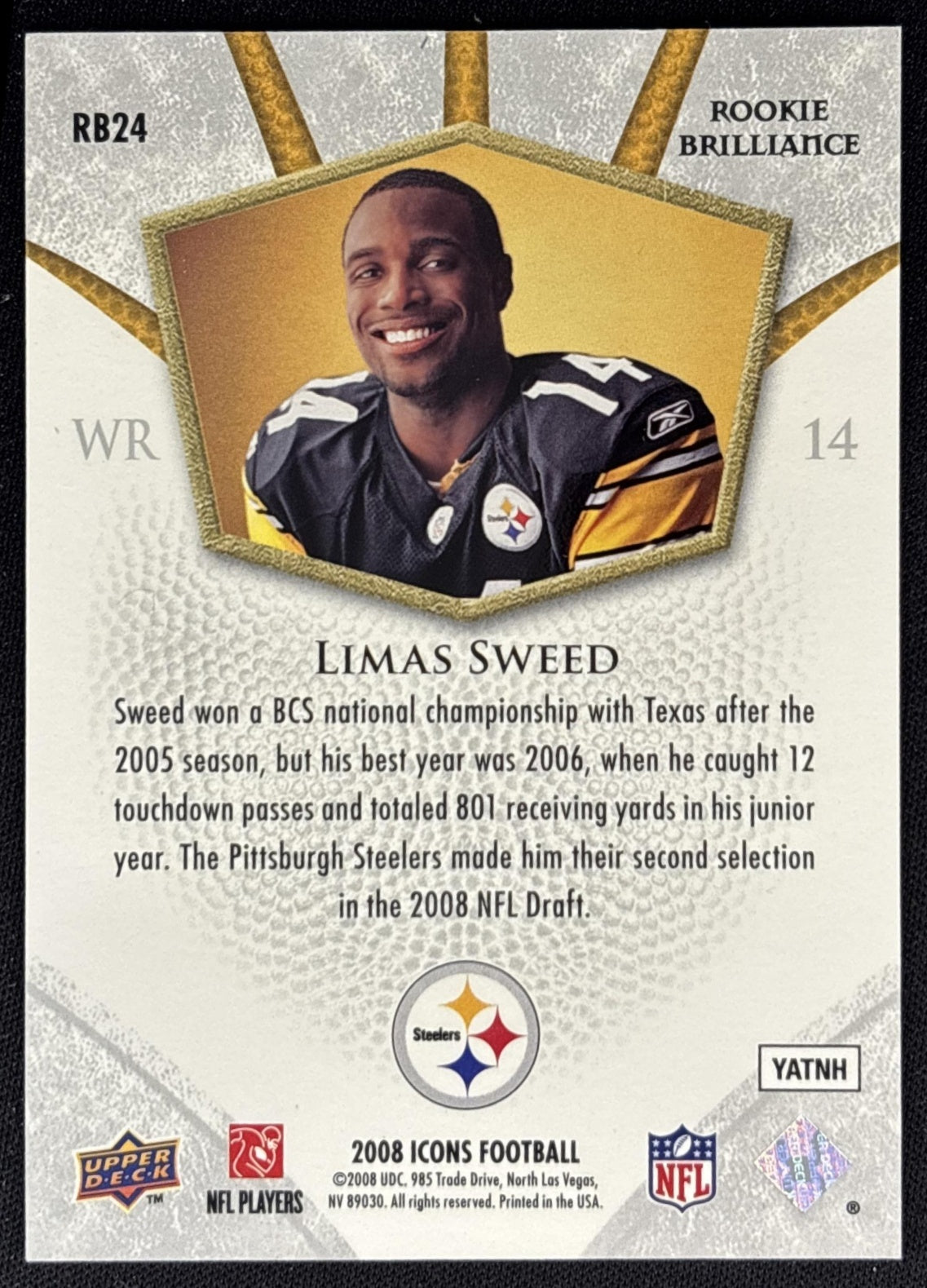 Limas Sweed 2008 Upper Deck Icons Rookie Brilliance Silver /799 Steelers back