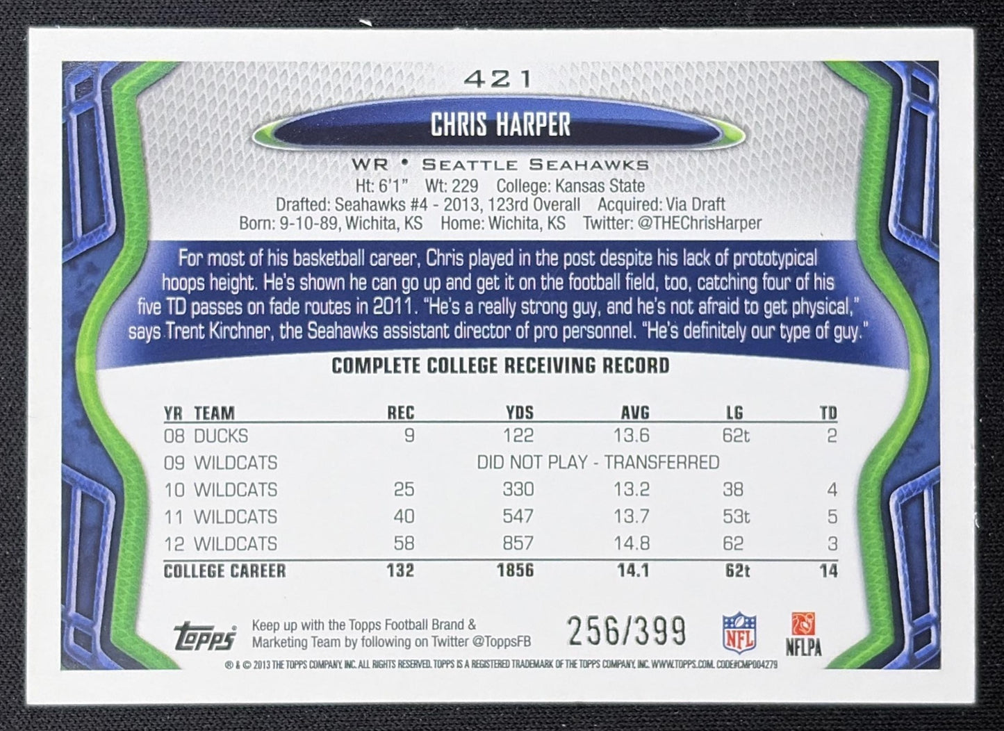 Chris Harper 2013 Topps Camo /399 Seahawks back