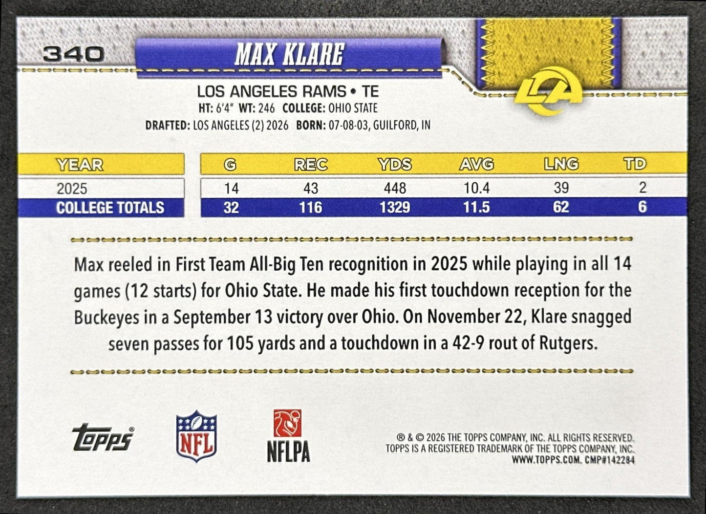 Max Klare 2026 Topps Flagship Rookie Rams Sports Trading Card